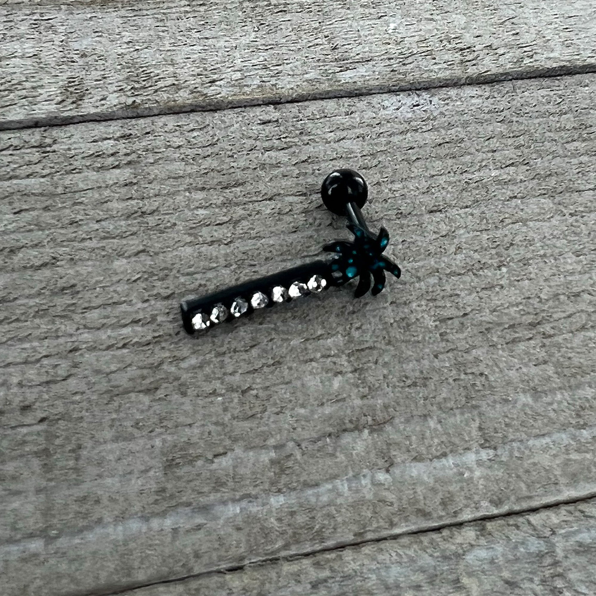 16G 1/4 Clear Gem Black Night Palm Tree Dangle Cartilage Earring