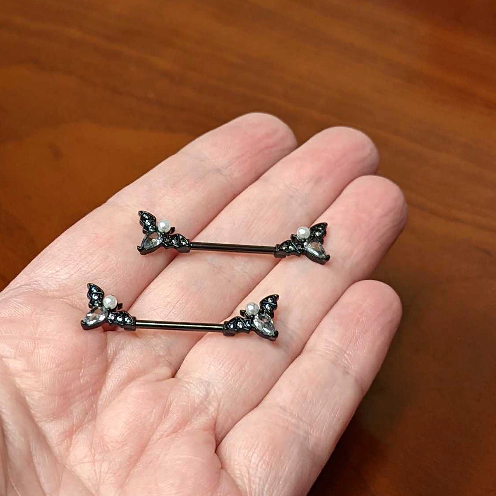 14G 5/8 Clear Gem Black Flying Bats Halloween Nipple Ring Set