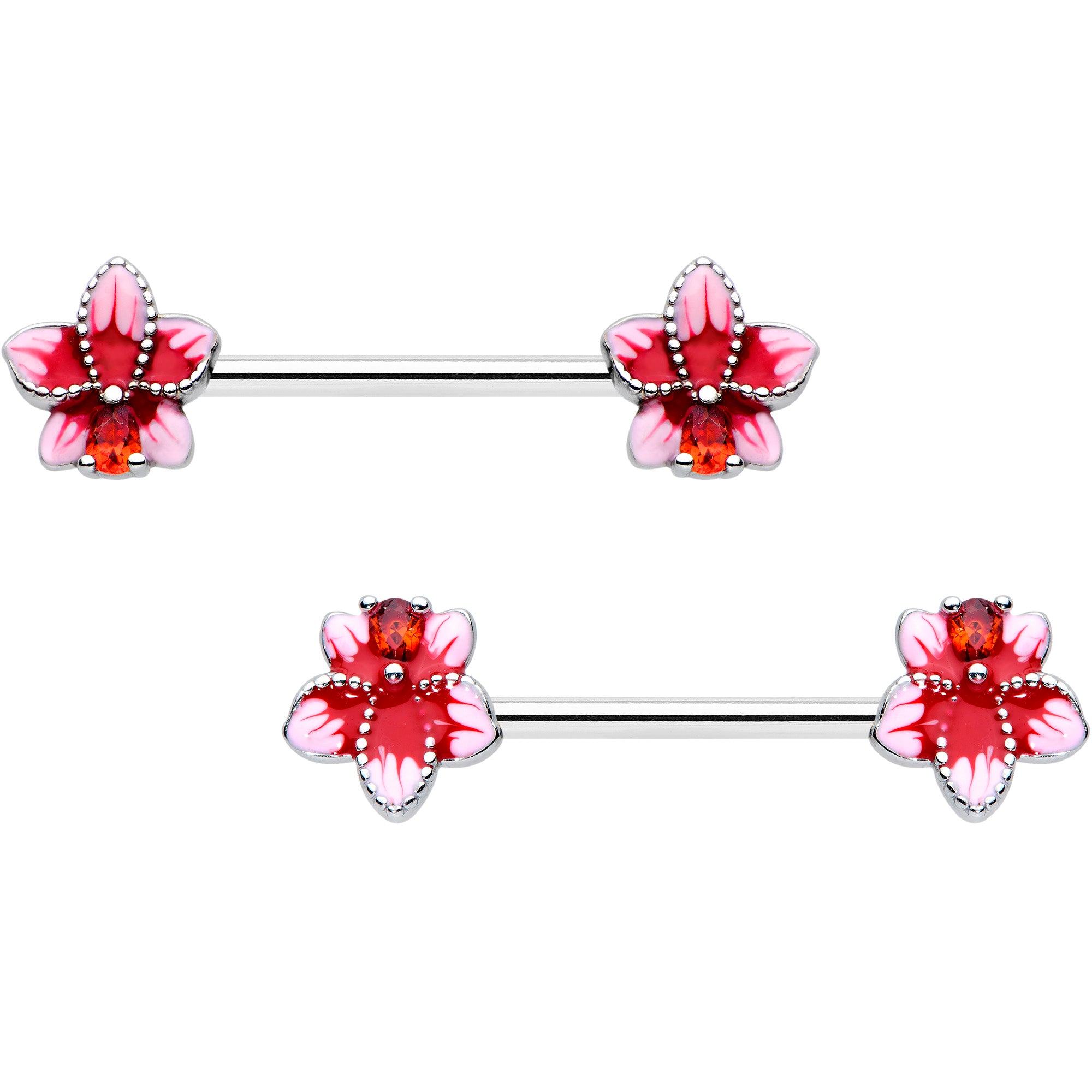14G 9/16 Red Gem Tropical Flower Barbell Nipple Ring Set