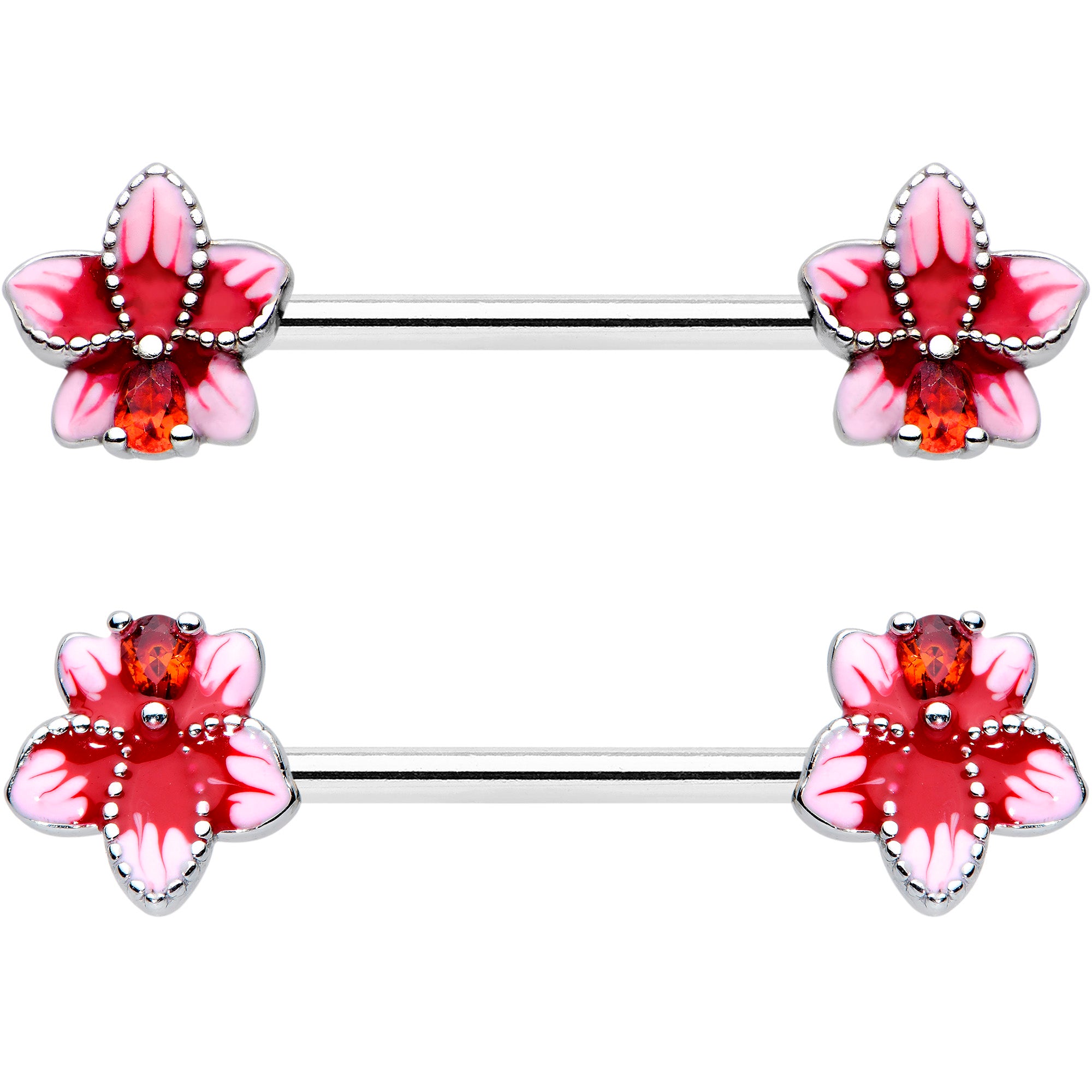 14G 9/16 Red Gem Tropical Flower Barbell Nipple Ring Set