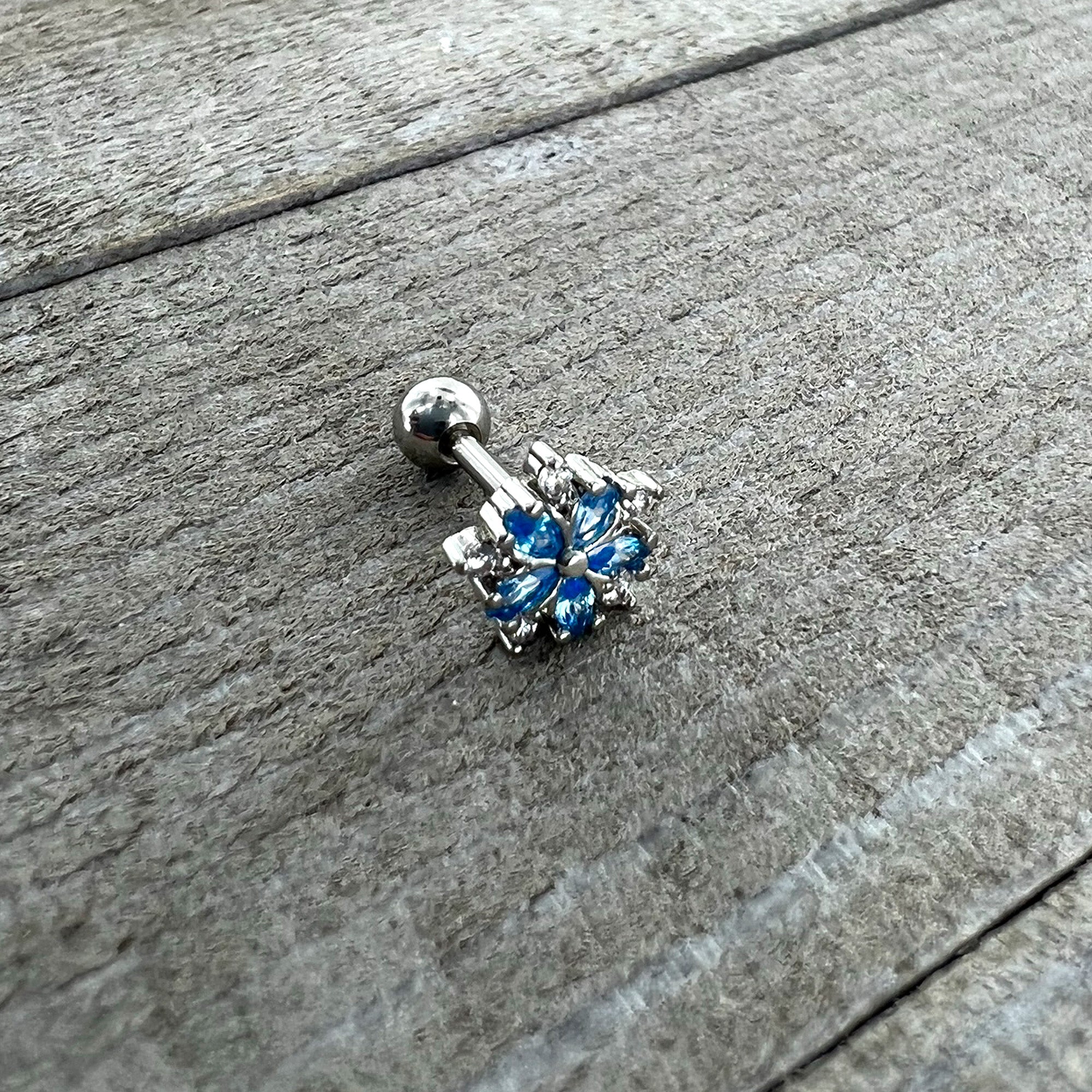 16G 1/4 Blue CZ Gem Floral Burst Cartilage Tragus Earring