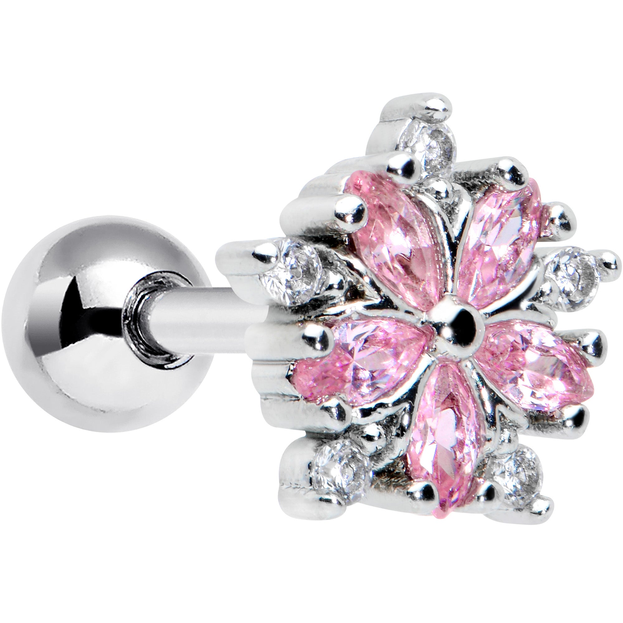 16G 1/4 Pink CZ Gem Floral Burst Cartilage Tragus Earring