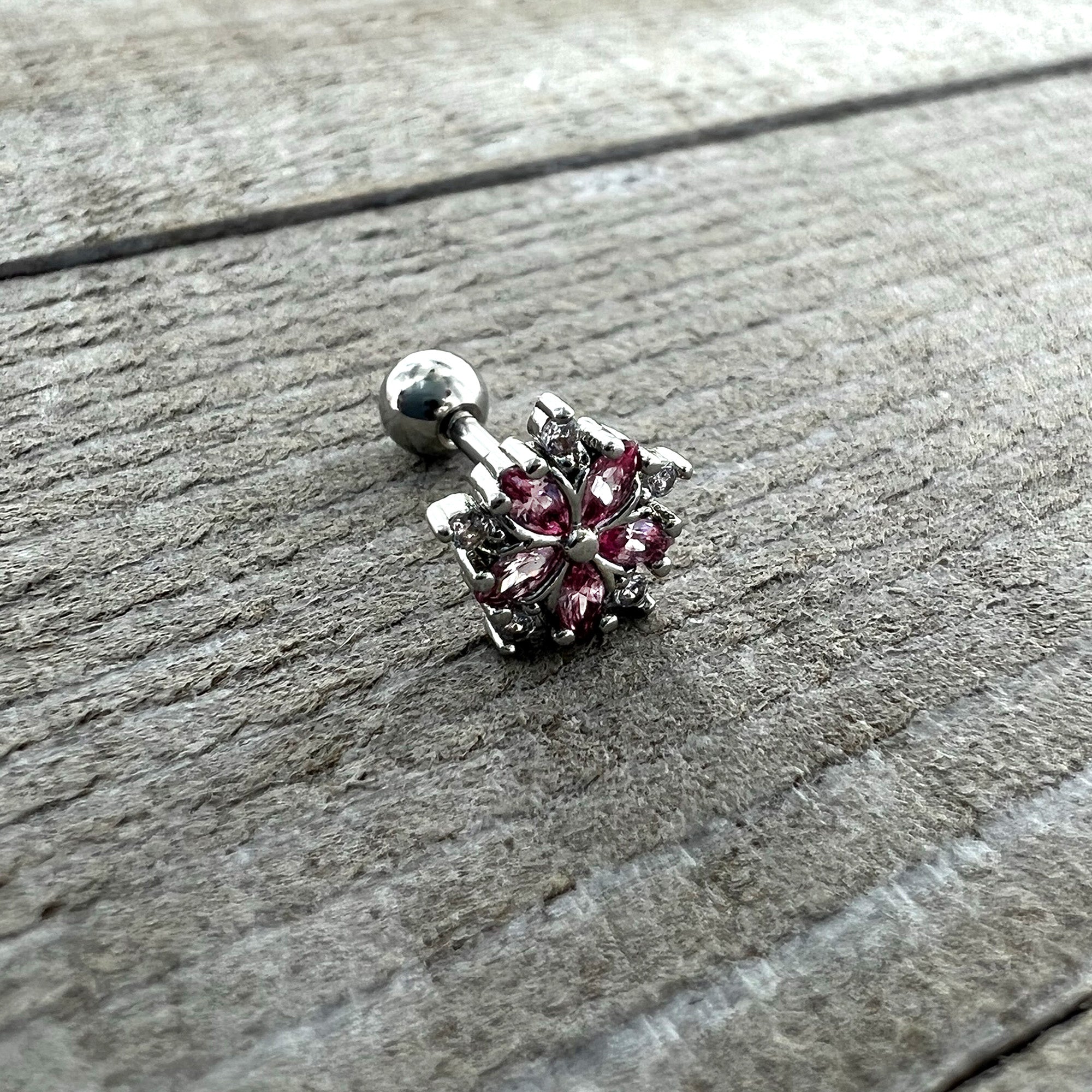 16G 1/4 Pink CZ Gem Floral Burst Cartilage Tragus Earring