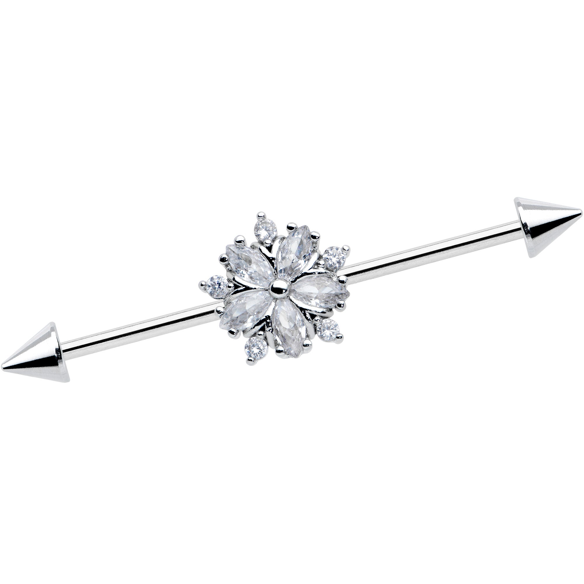 14G Clear CZ Gem Floral Burst Cone Ends Industrial Barbell 38mm