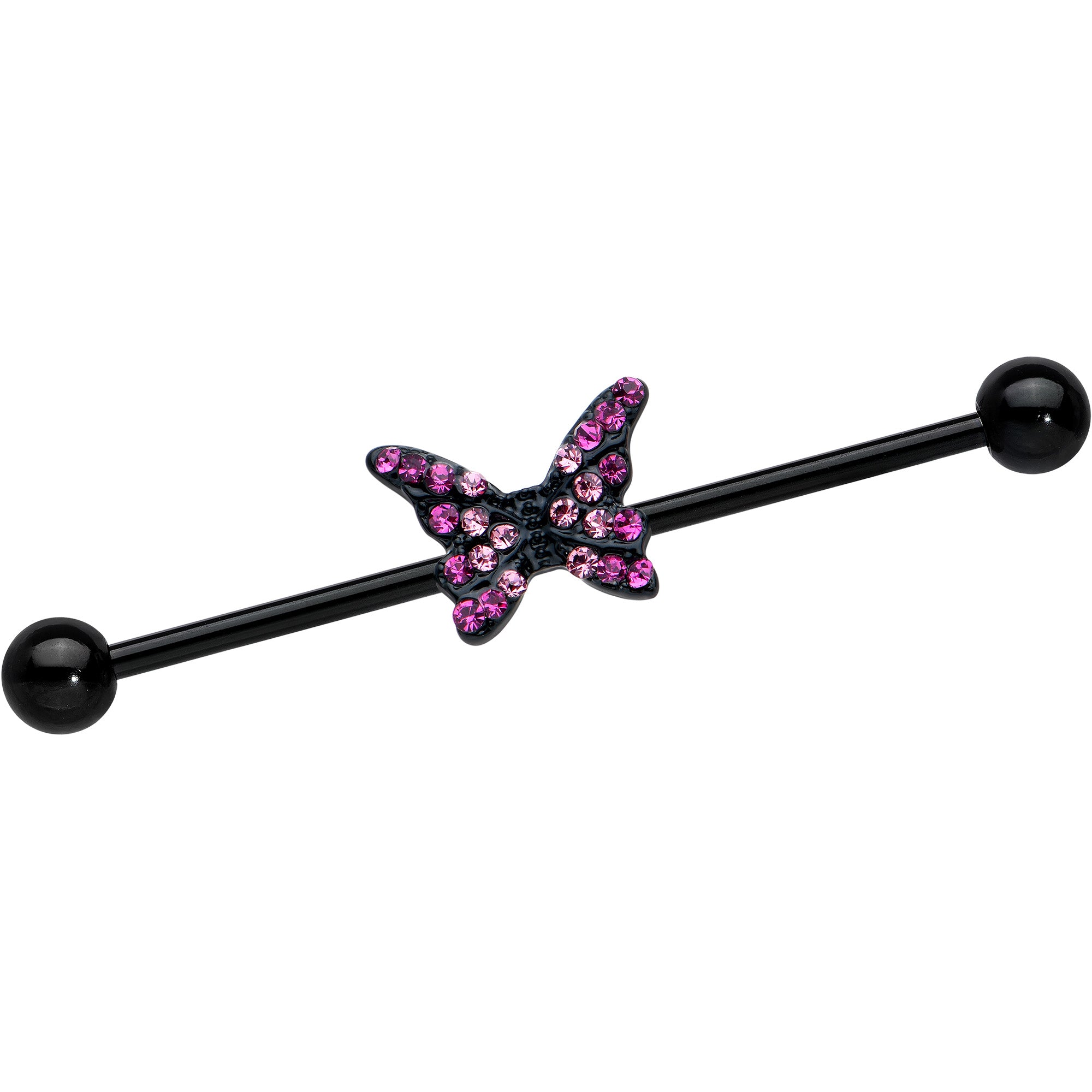 14G Pink Gem Black Midnight Butterfly Industrial Barbell 38mm