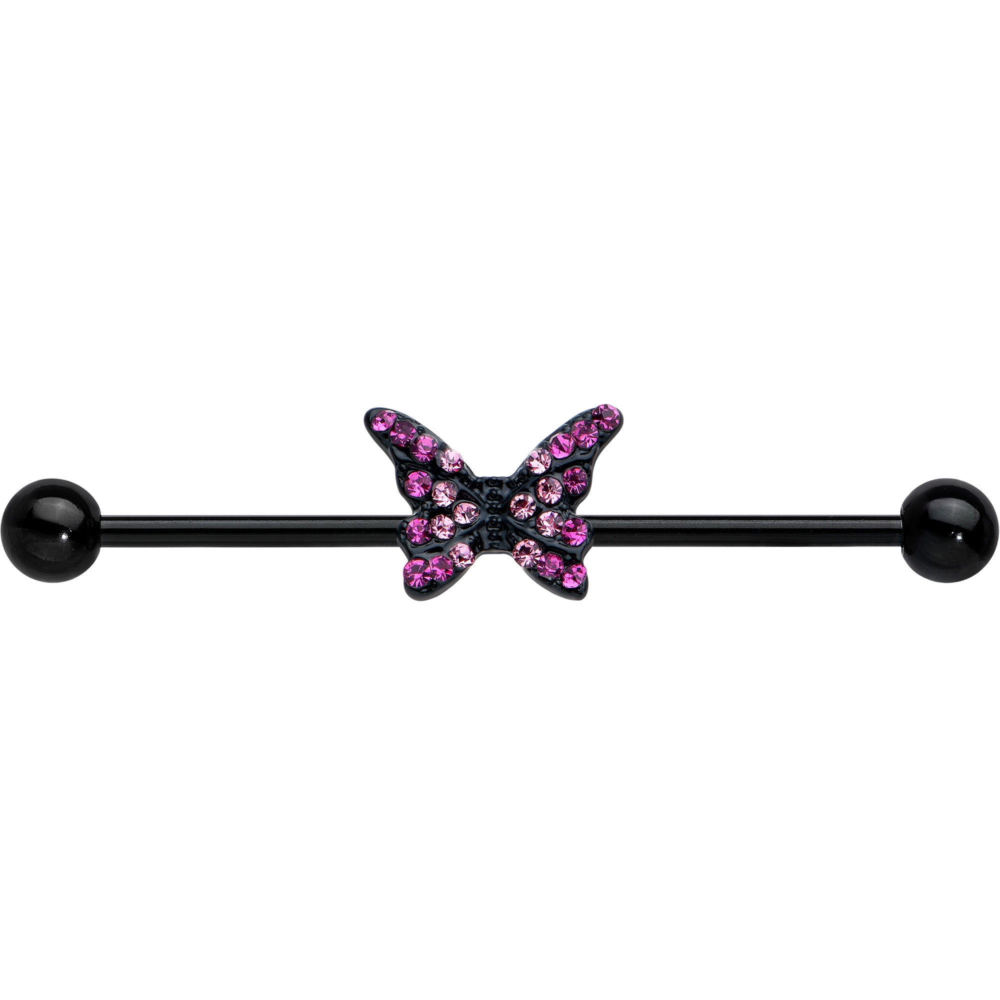 14G Pink Gem Black Midnight Butterfly Industrial Barbell 38mm