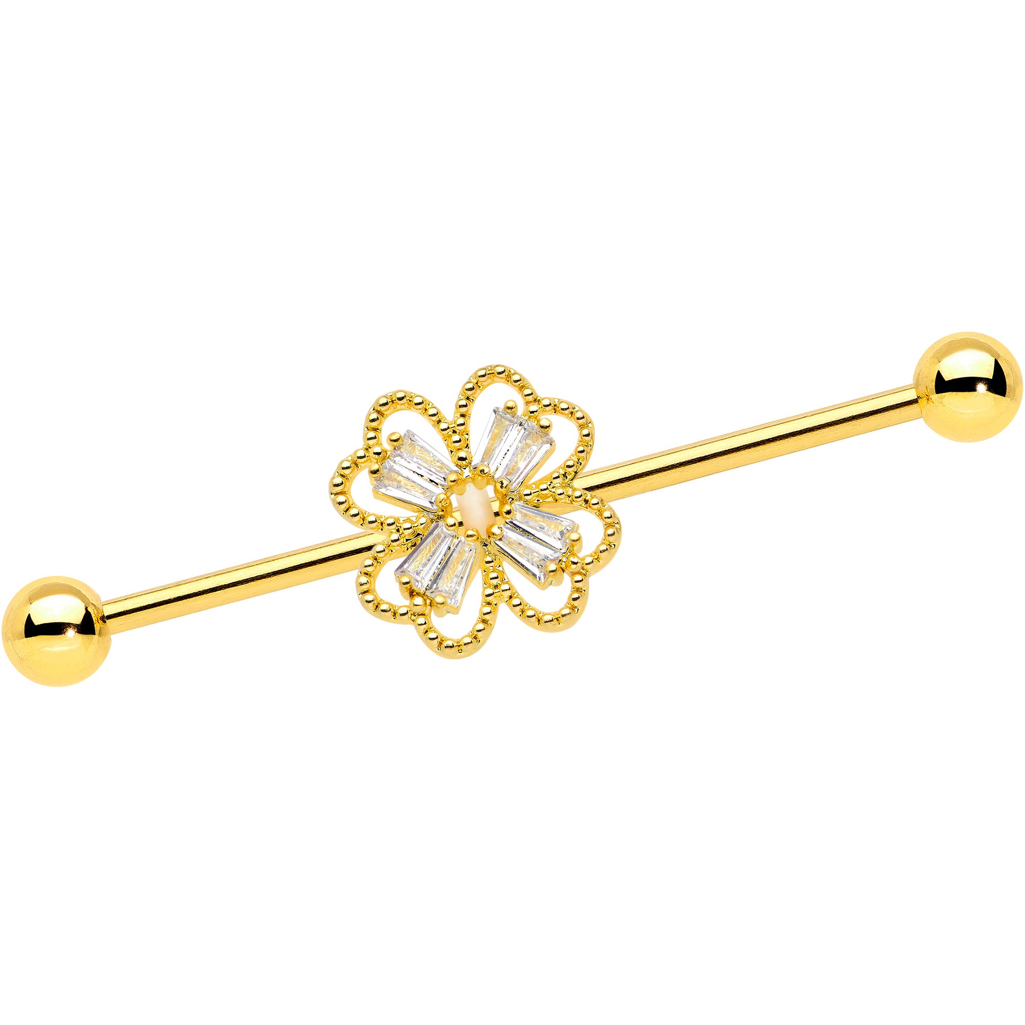 14G Clear Gem Gold Tone Textured Cross Industrial Barbell 38mm