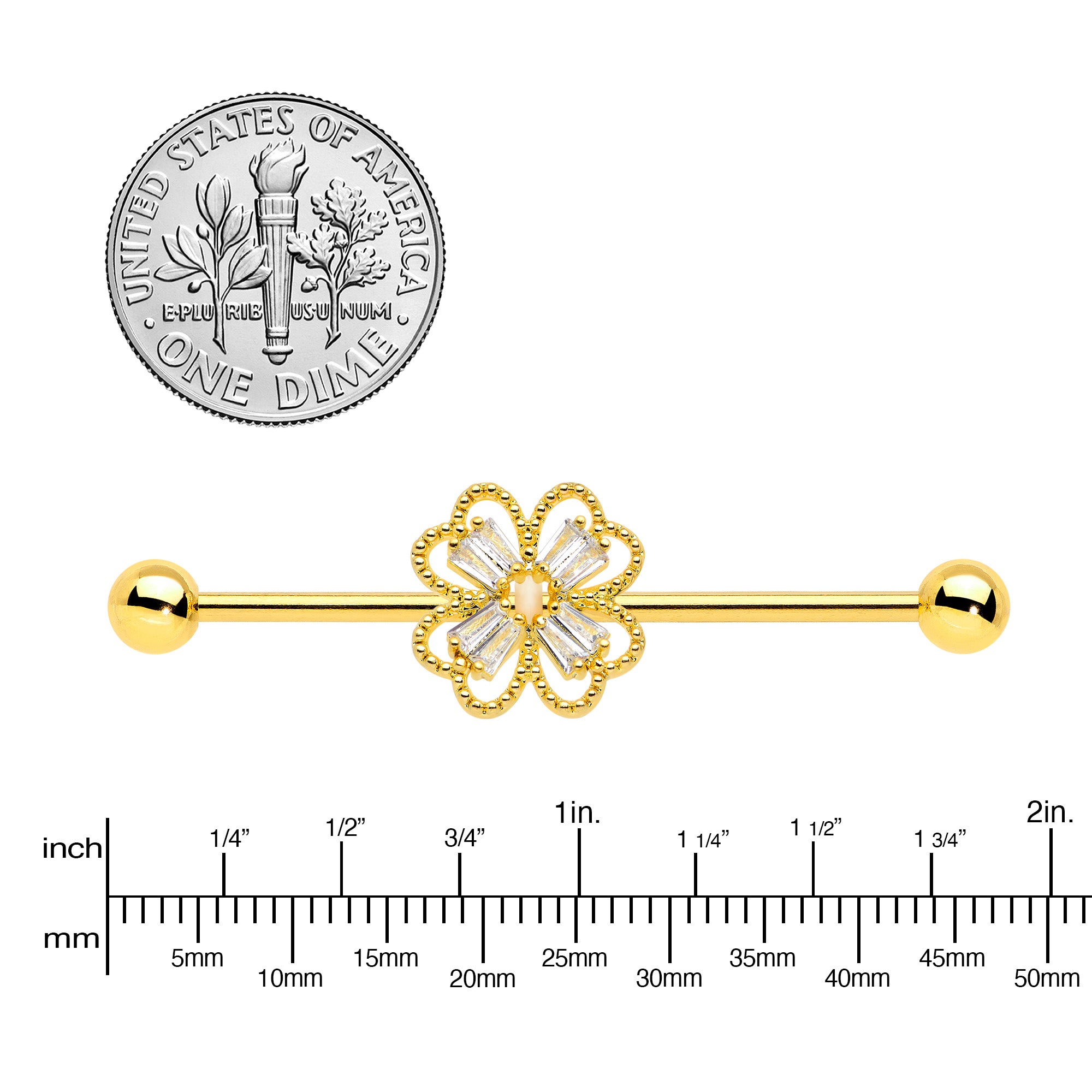 14G Clear Gem Gold Tone Textured Cross Industrial Barbell 38mm