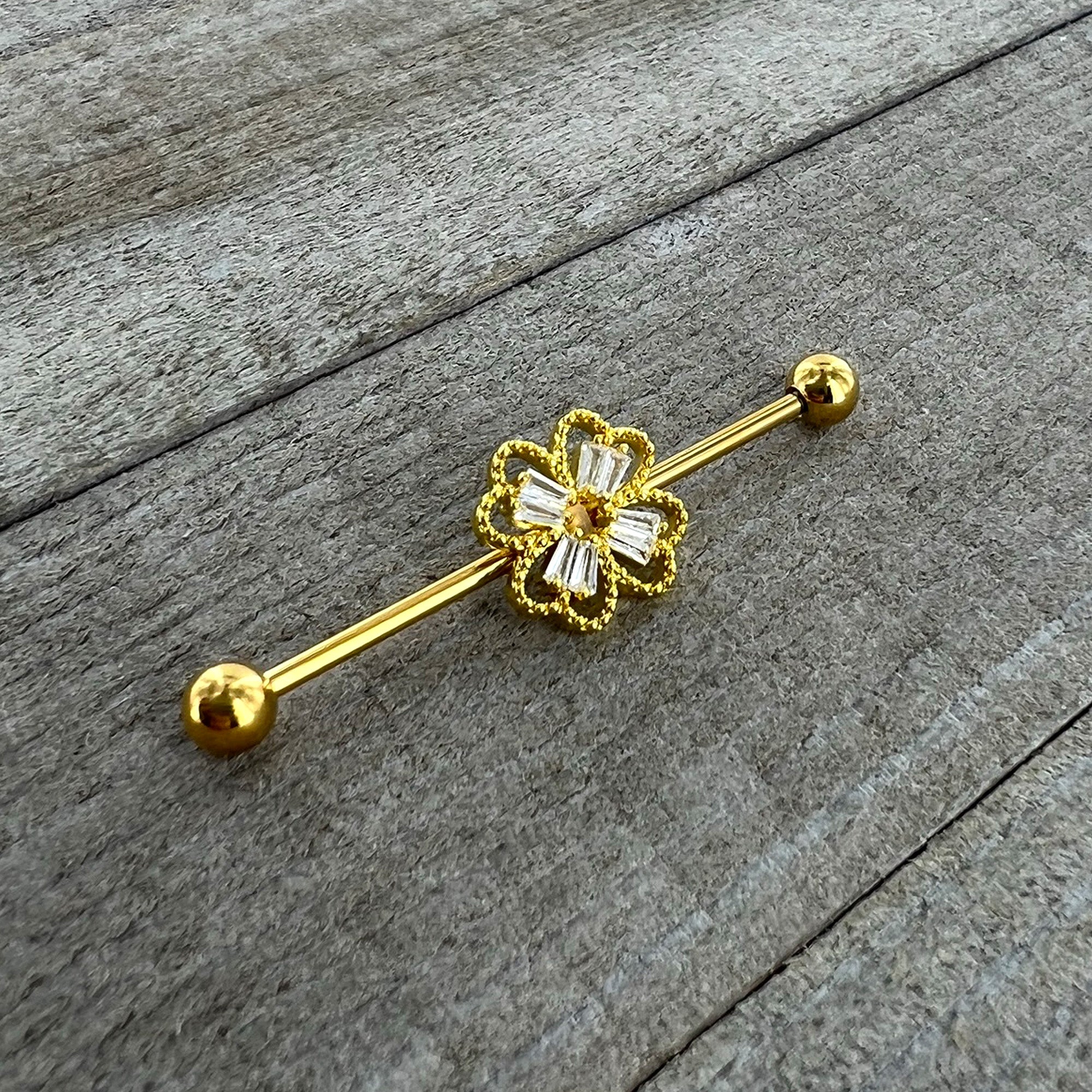 14G Clear Gem Gold Tone Textured Cross Industrial Barbell 38mm