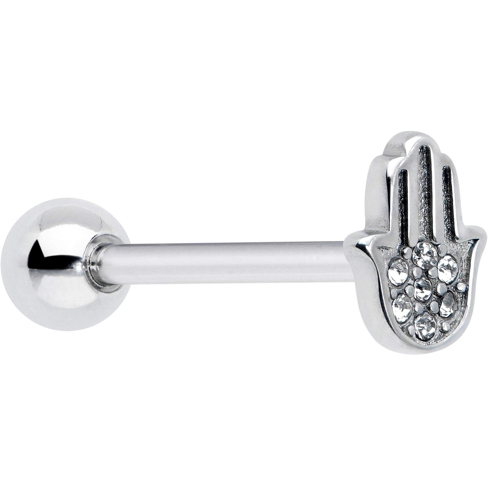 Clear CZ Gem Understated Hamsa Hand Barbell Tongue Ring