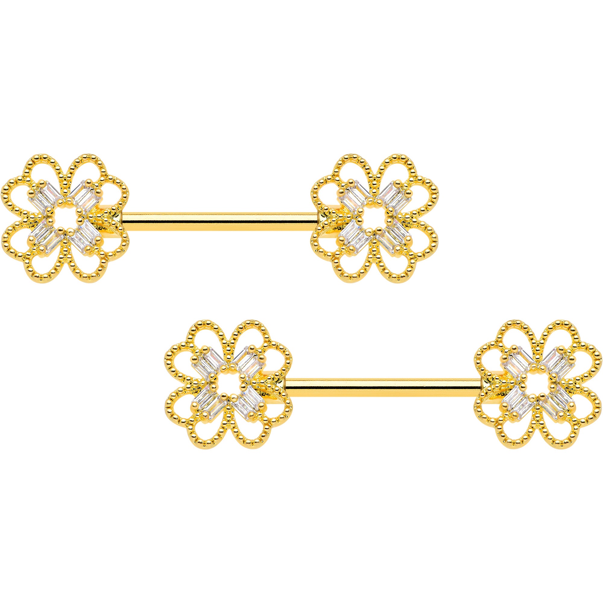 14G 5/8 Clear Gem Gold Tone Texture Cross Barbell Nipple Ring Set