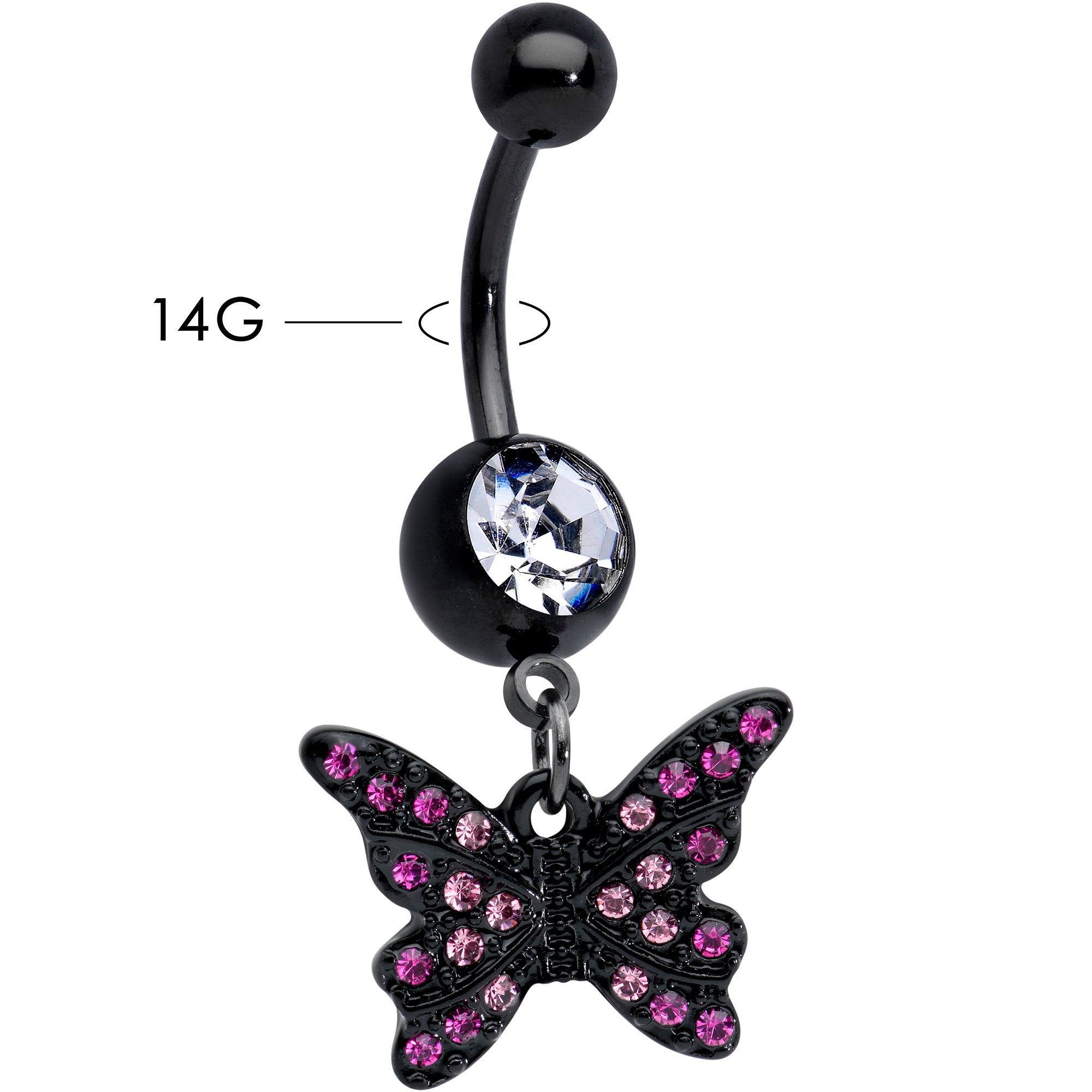 Clear Pink Gem Black Midnight Butterfly Dangle Belly Ring
