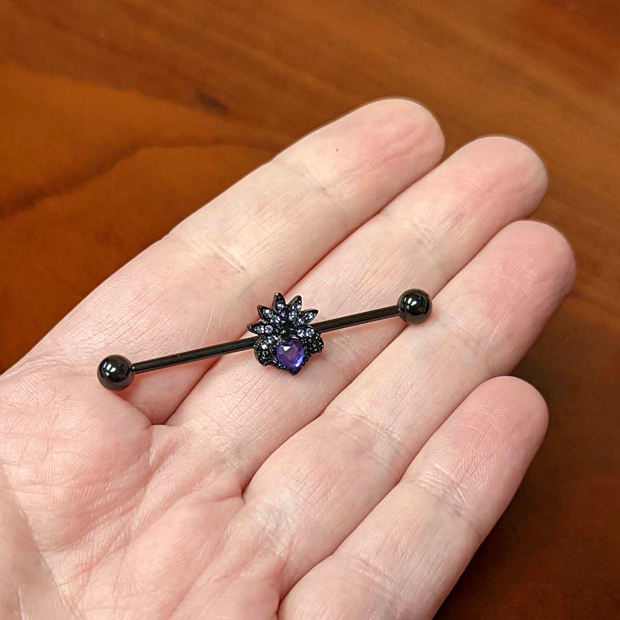 14G Purple Gem Black Skull Blossom Heart Industrial Barbell 38mm