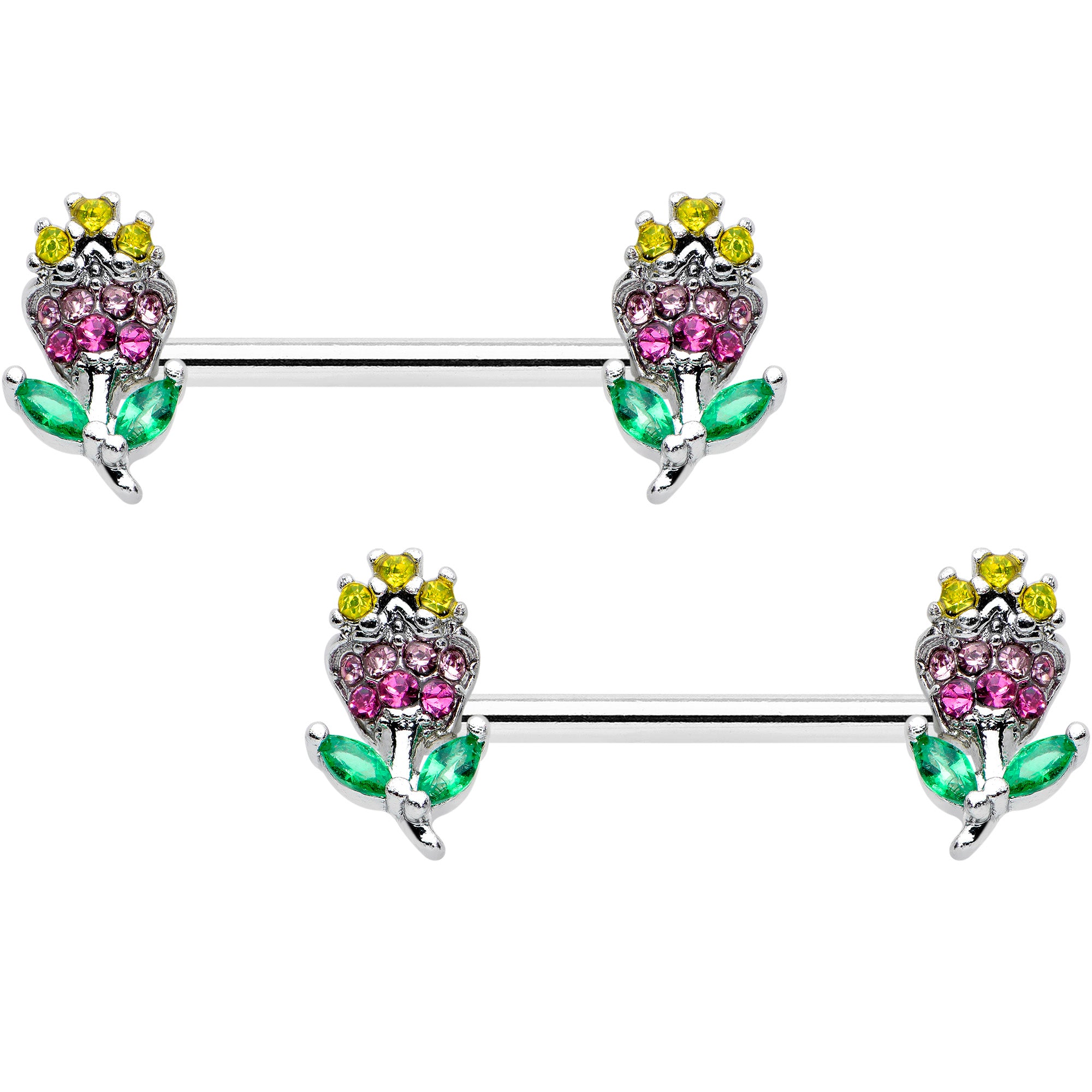 14G 9/16 Green Pink Gem Mardi Gras Flower Barbell Nipple Ring Set