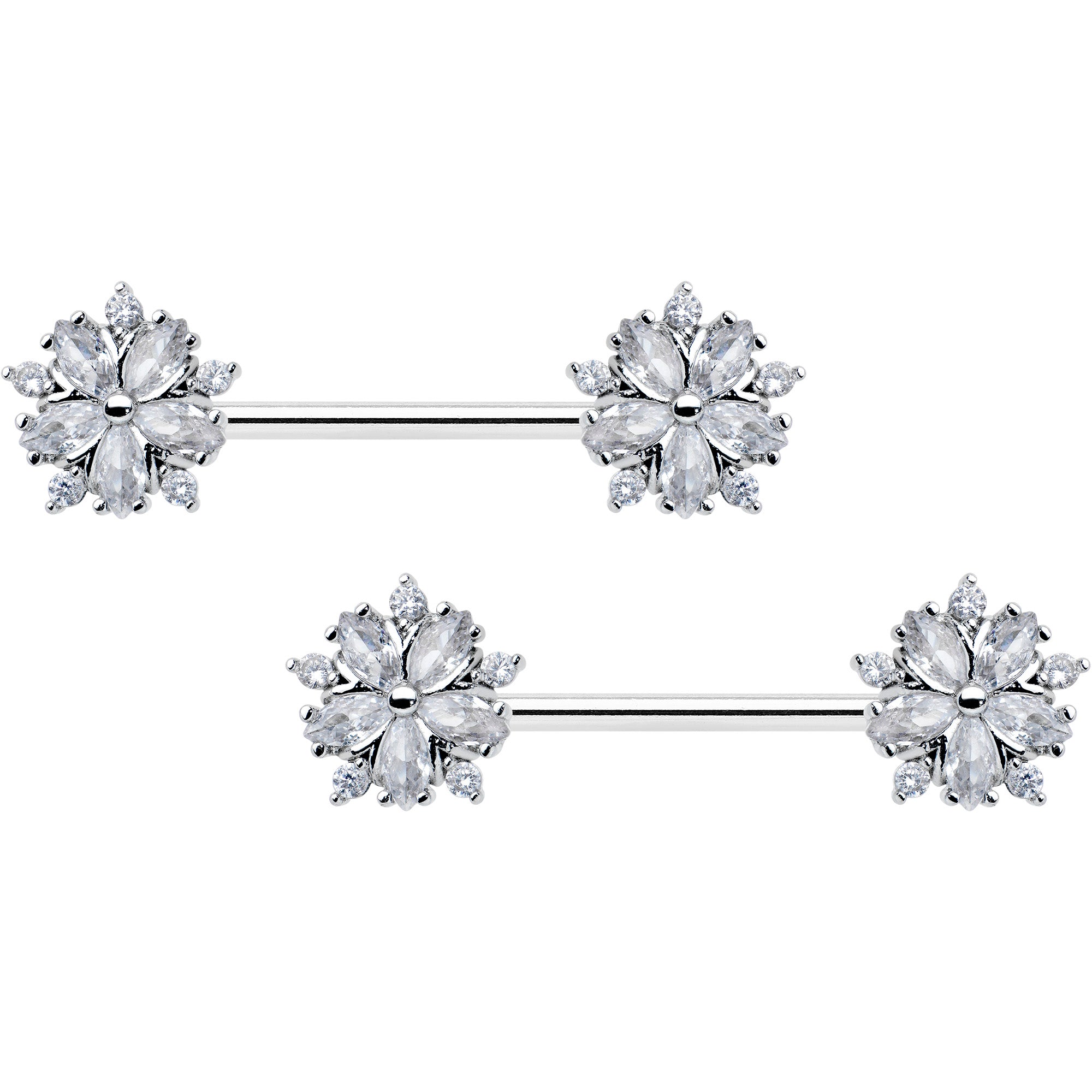 14G 9/16 Clear CZ Gem Floral Burst Barbell Nipple Ring Set