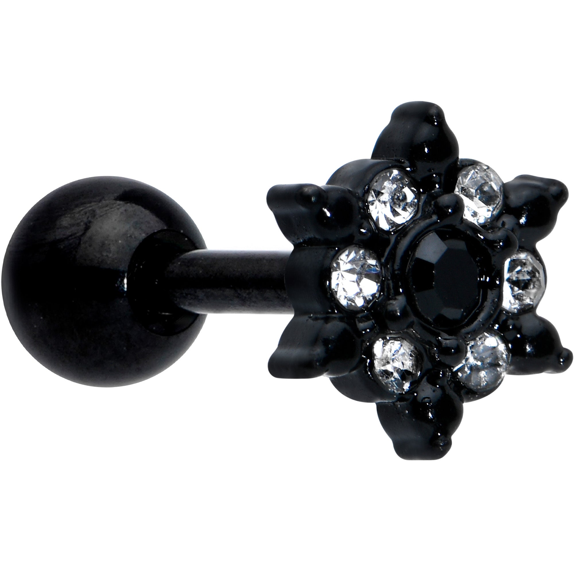 16G 1/4 Clear CZ Gem Black Abstract Sun Cartilage Tragus Earring