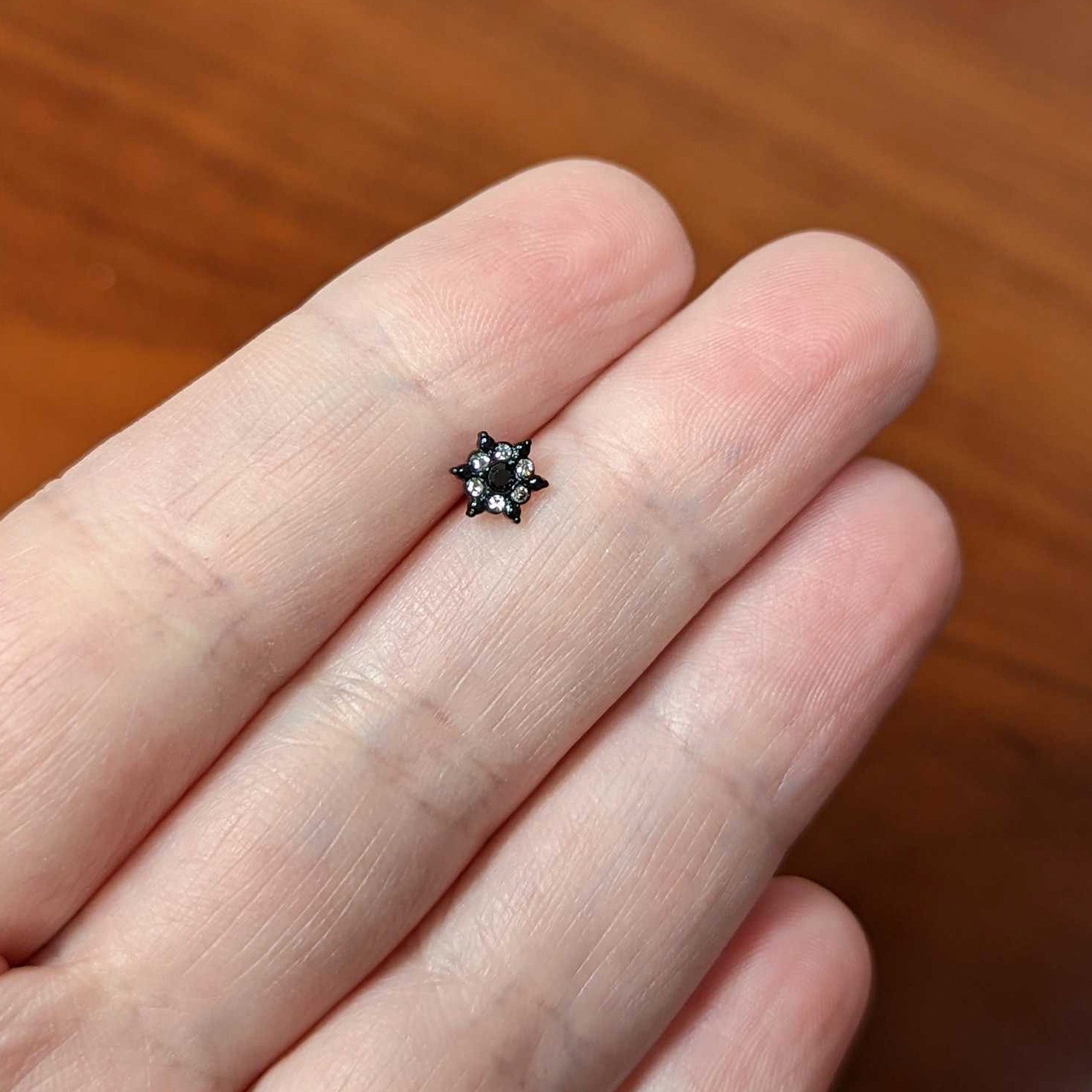 16G 1/4 Clear CZ Gem Black Abstract Sun Cartilage Tragus Earring