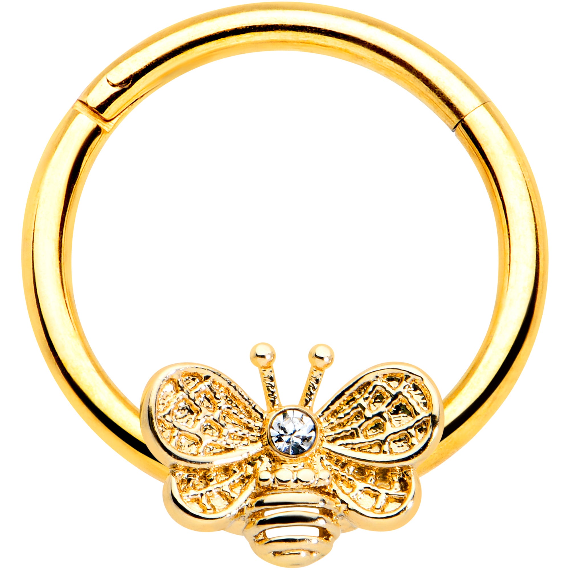 16G 3/8 Clear Gem Gold Tone Beauty Bee Hinged Circular Ring