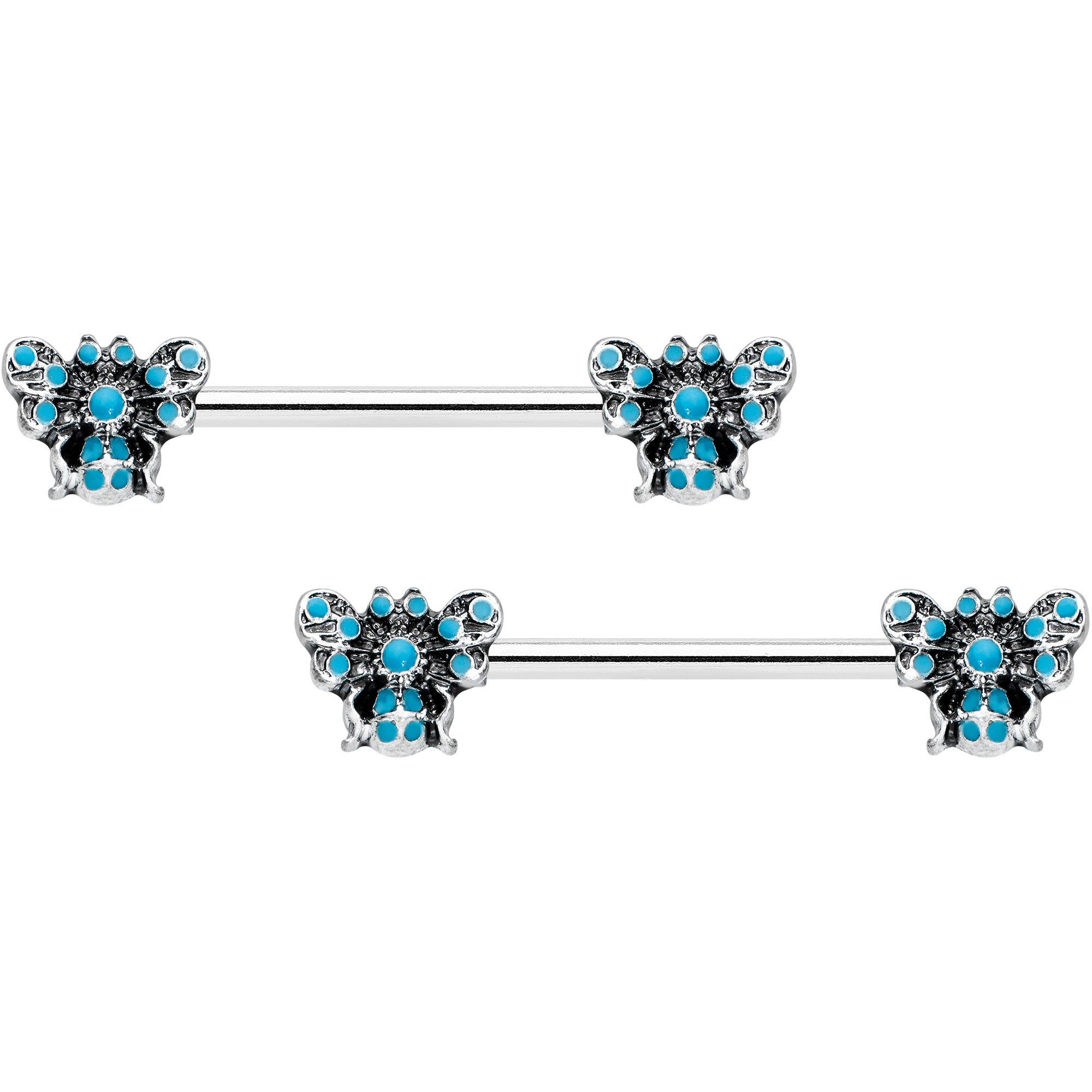 14G 9/16 Textured Blue Butterfly Barbell Nipple Ring Set