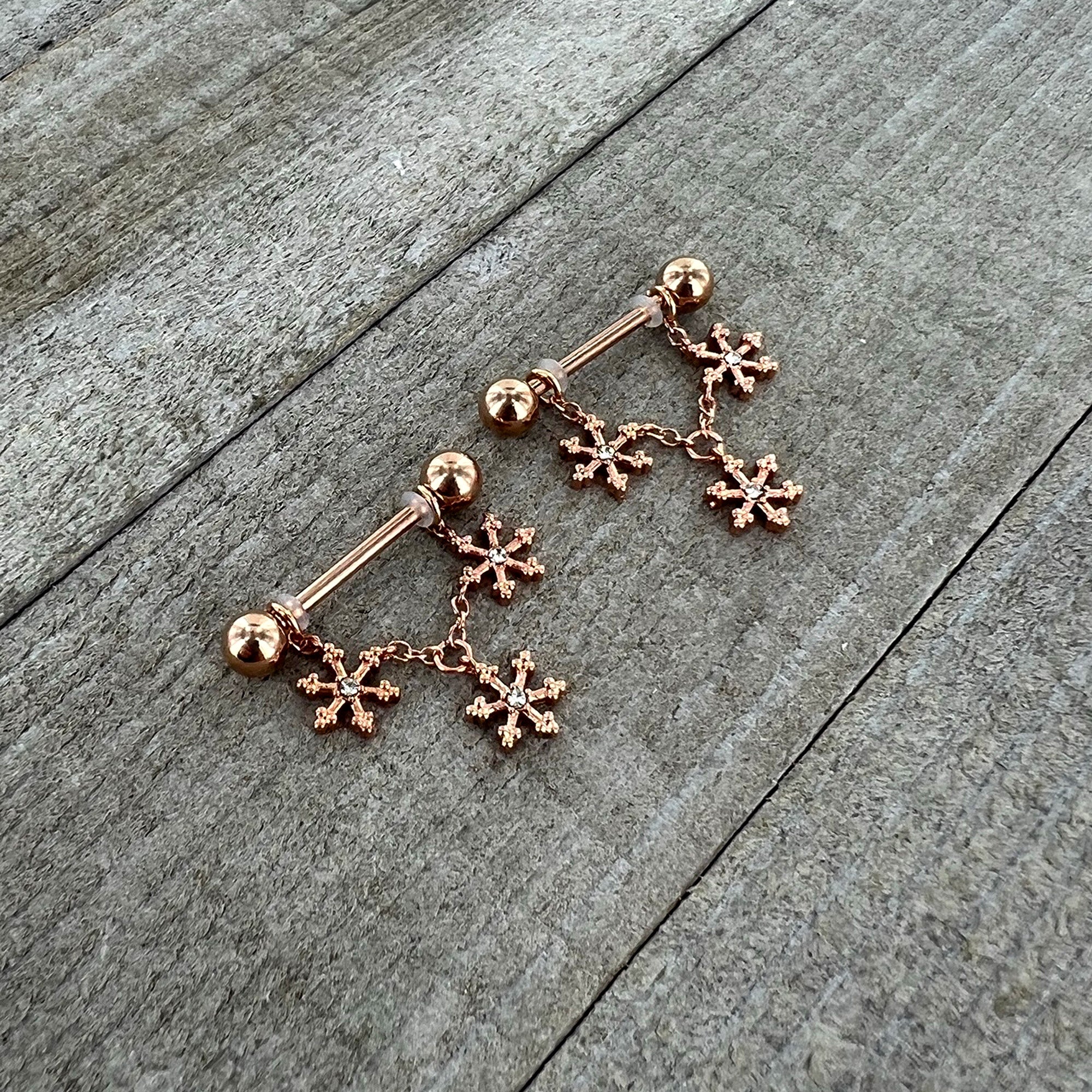 14G 9/16 Clear Gem Rosy Hue Snowflake Chain Dangle Nipple Ring Set