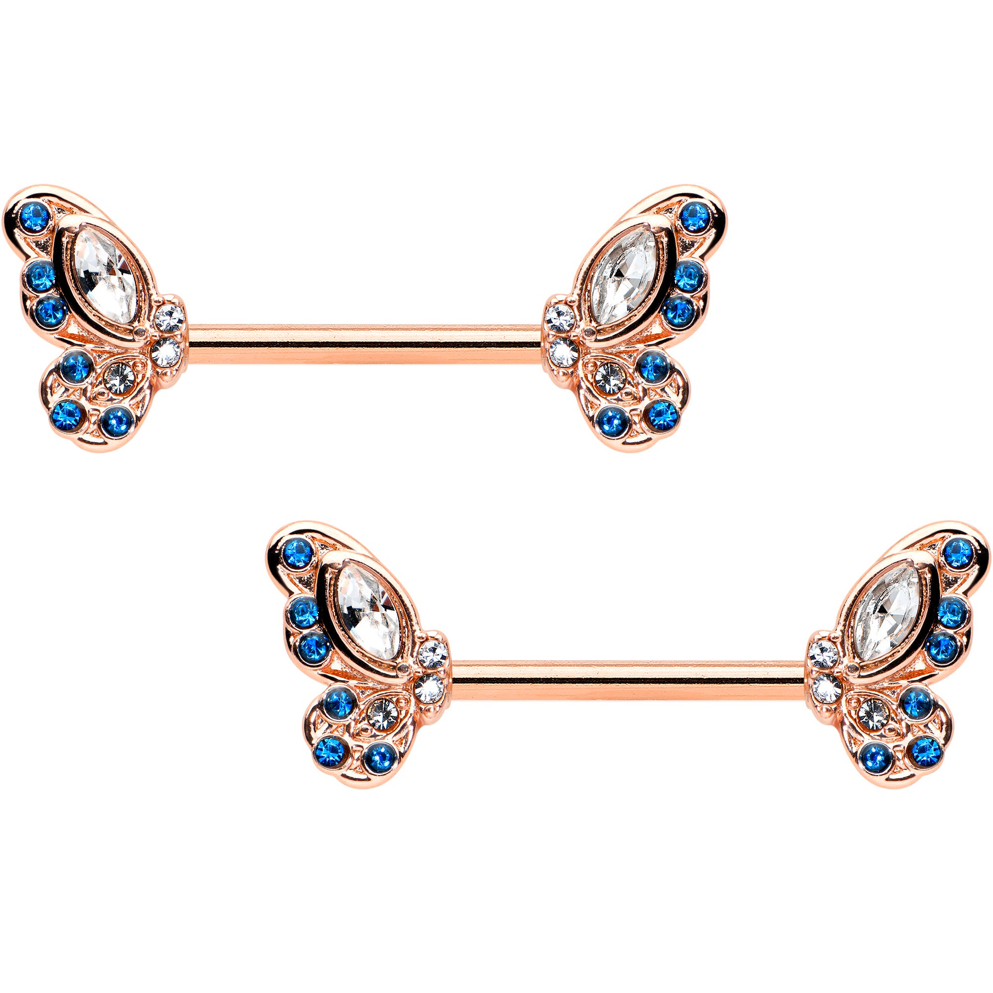 14G 9/16 Clear Blue Gem Rosy Tone Butterfly Wing Nipple Ring Set