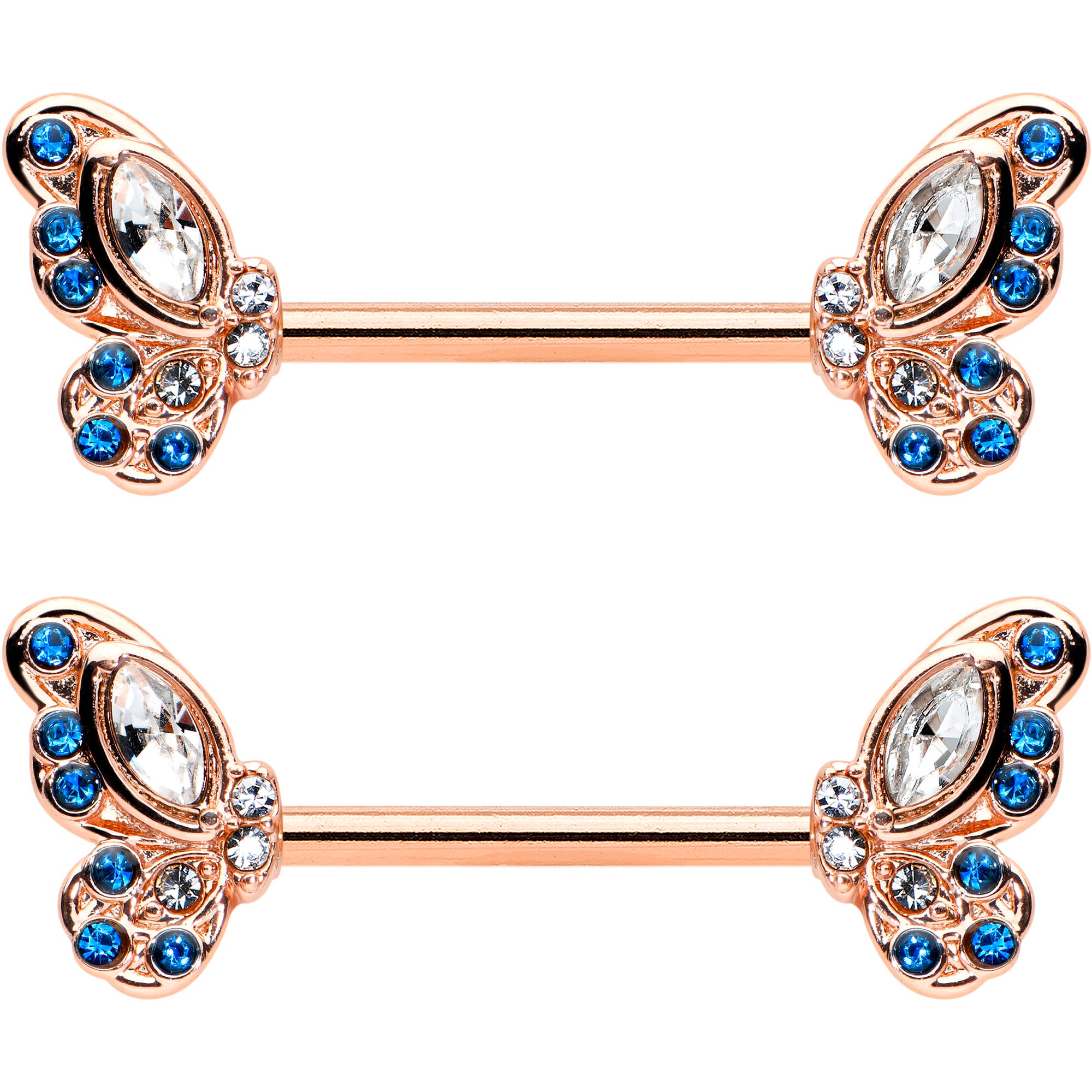 14G 9/16 Clear Blue Gem Rosy Tone Butterfly Wing Nipple Ring Set