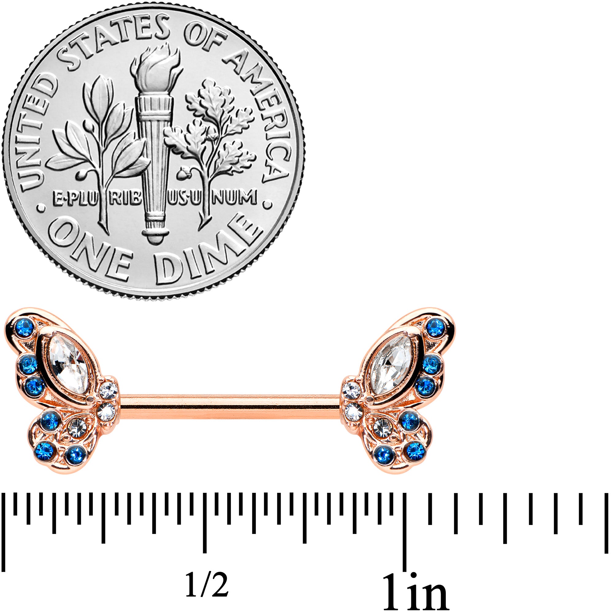 14G 9/16 Clear Blue Gem Rosy Tone Butterfly Wing Nipple Ring Set