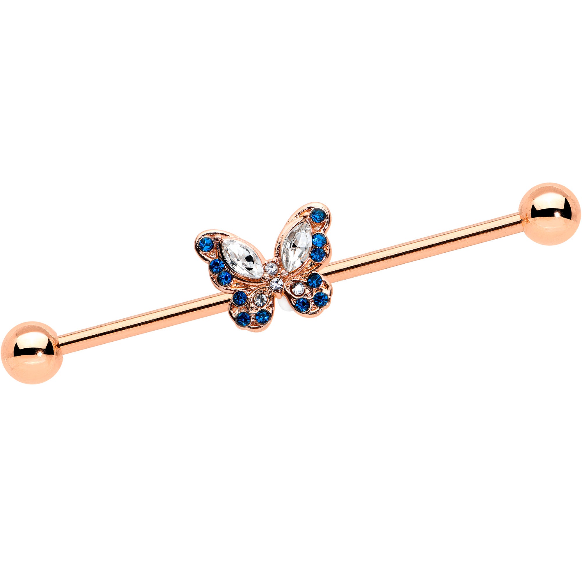 14G Blue Gem Rosy Tone Butterfly Wings Industrial Barbell 38mm