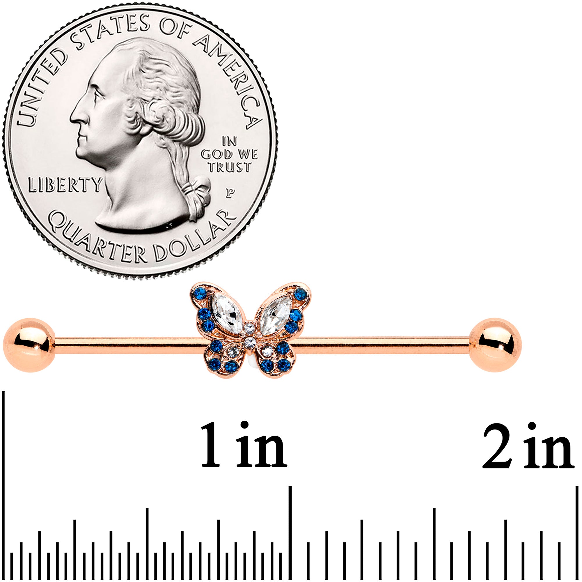 14G Blue Gem Rosy Tone Butterfly Wings Industrial Barbell 38mm