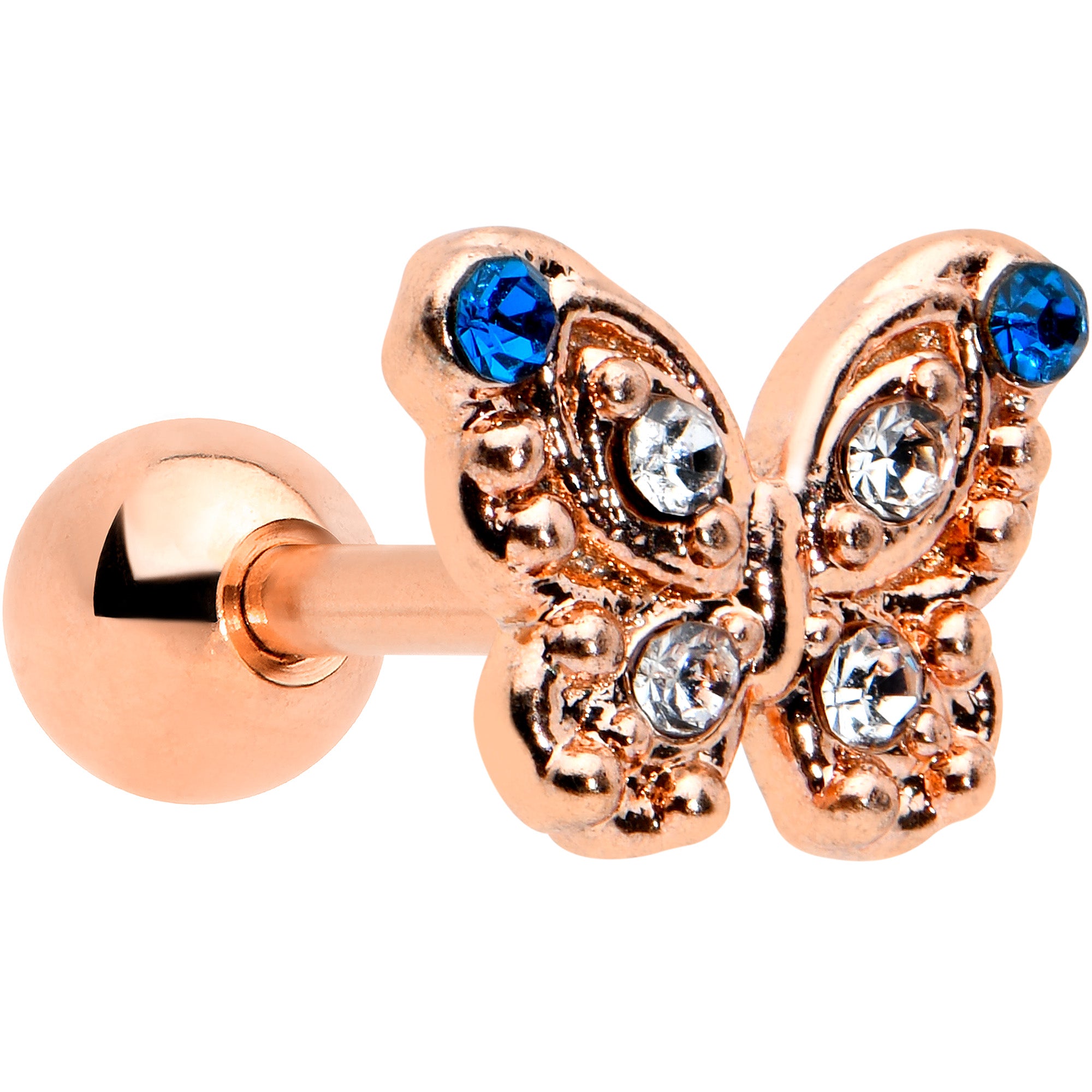 16G 1/4 Blue Gem Rose Gold Tone Butterfly Cartilage Tragus