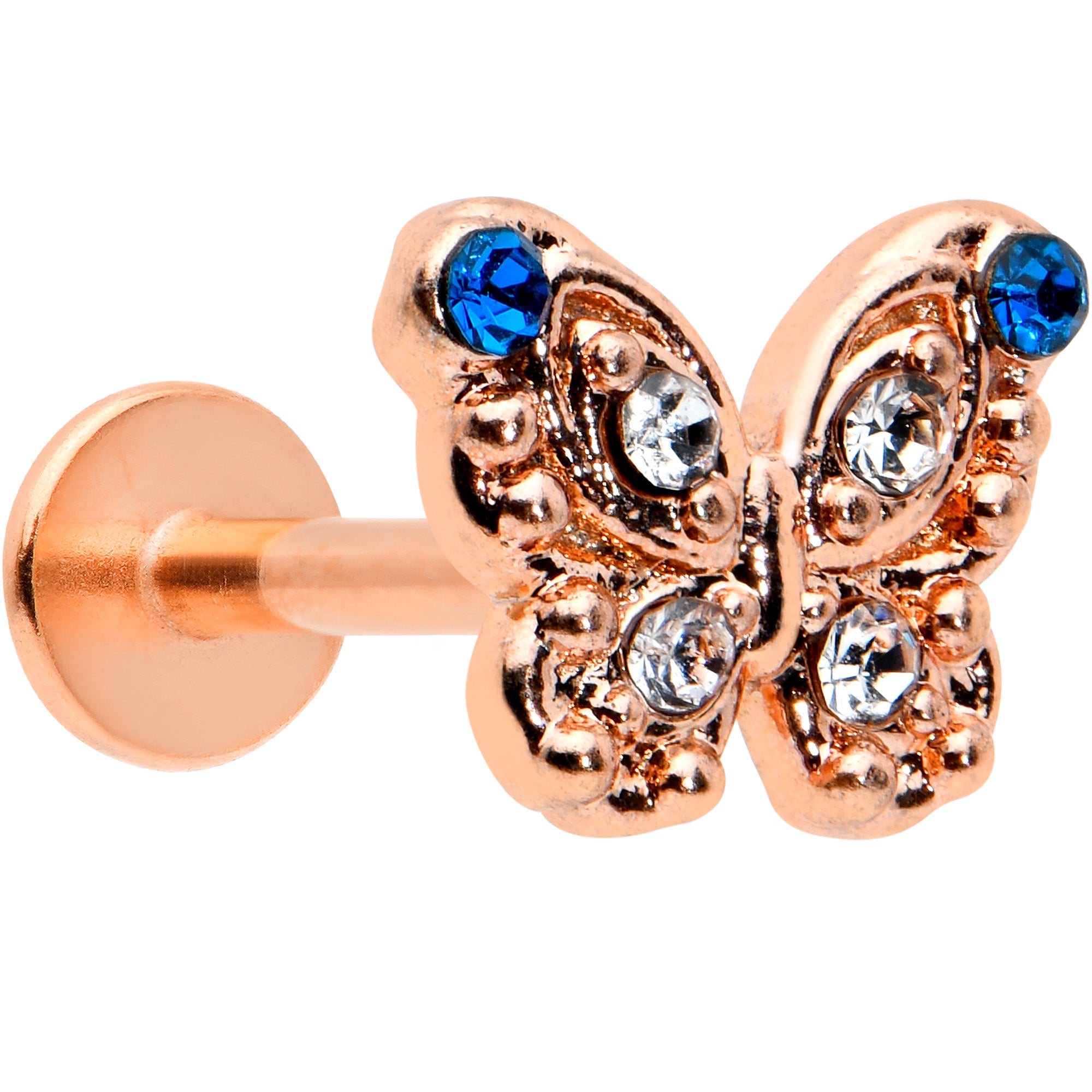 16G 5/16 Blue Gem Rose Gold Tone Butterfly Labret Monroe Tragus
