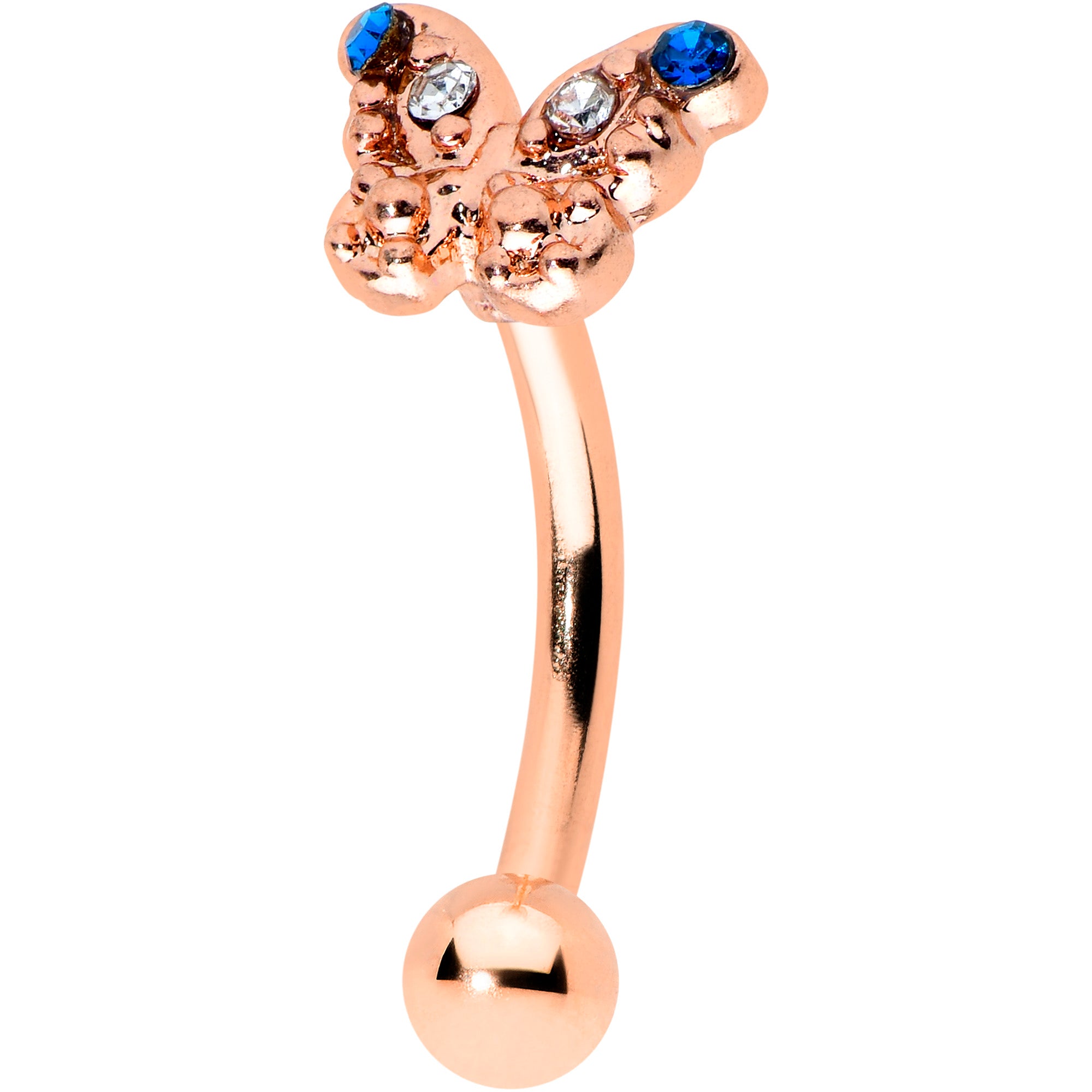 16G 5/16 Blue Gem Rose Gold Tone Butterfly Curved Eyebrow Ring
