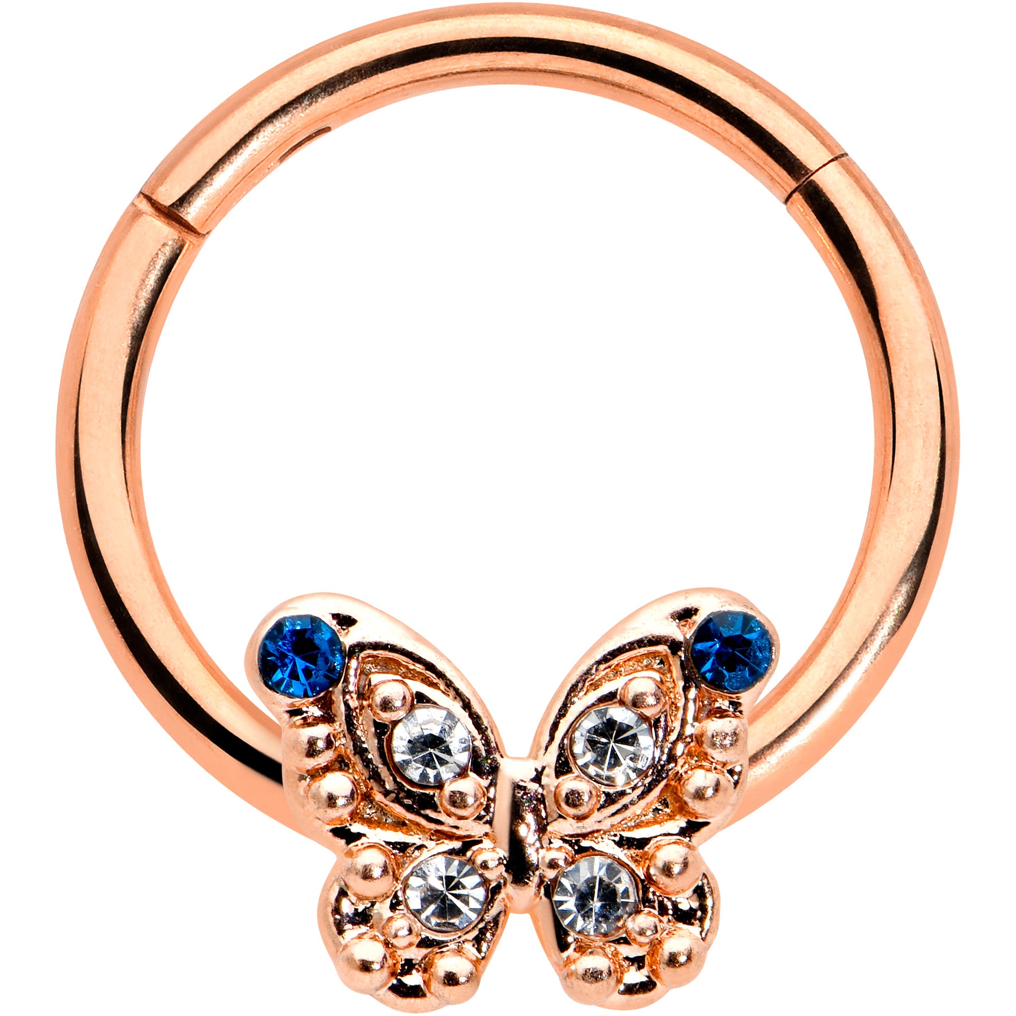 16G 3/8 Blue Gem Rose Gold Tone Butterfly Hinged Segment Ring