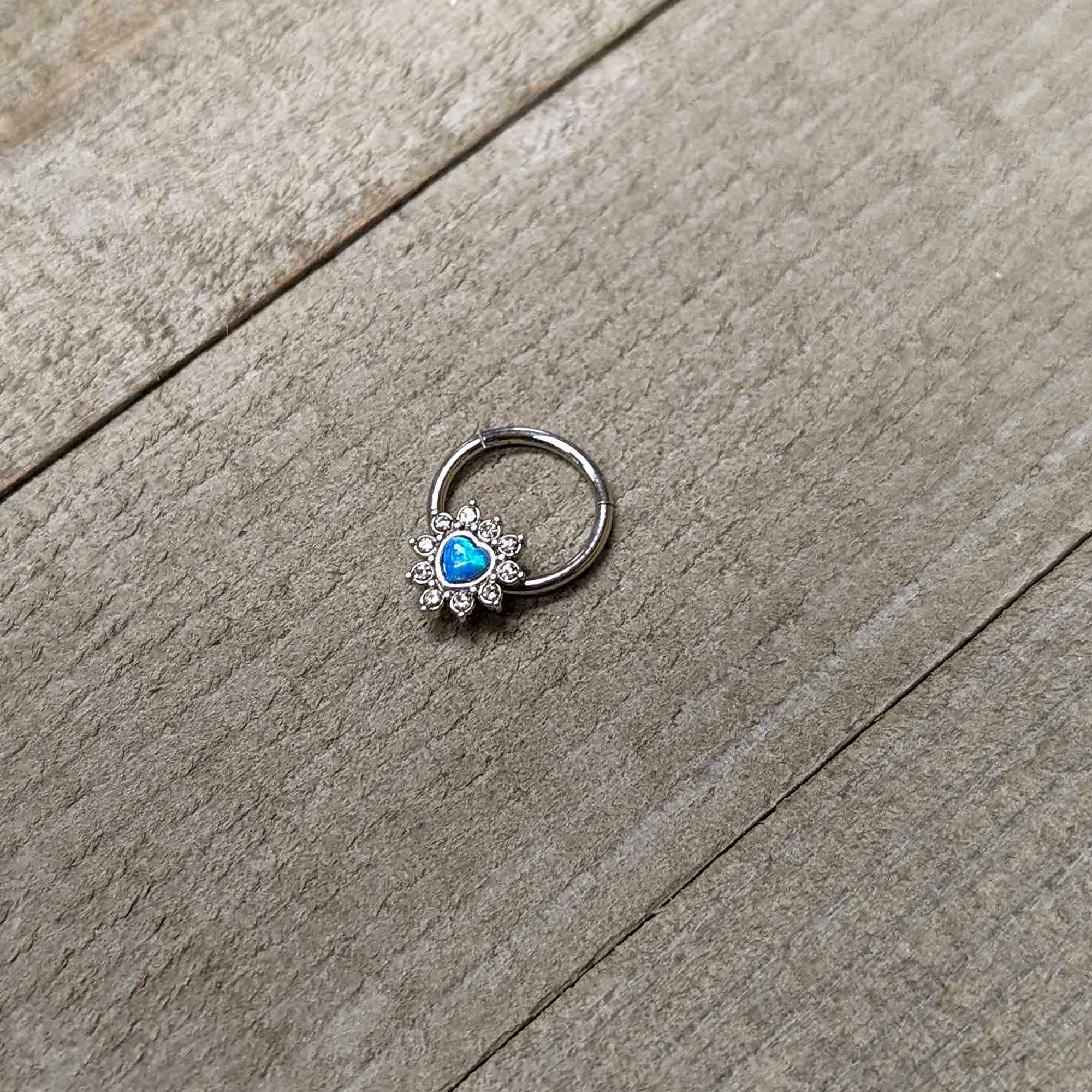16G 3/8 Blue Faux Opal Heart Sun Hinged Segment Ring