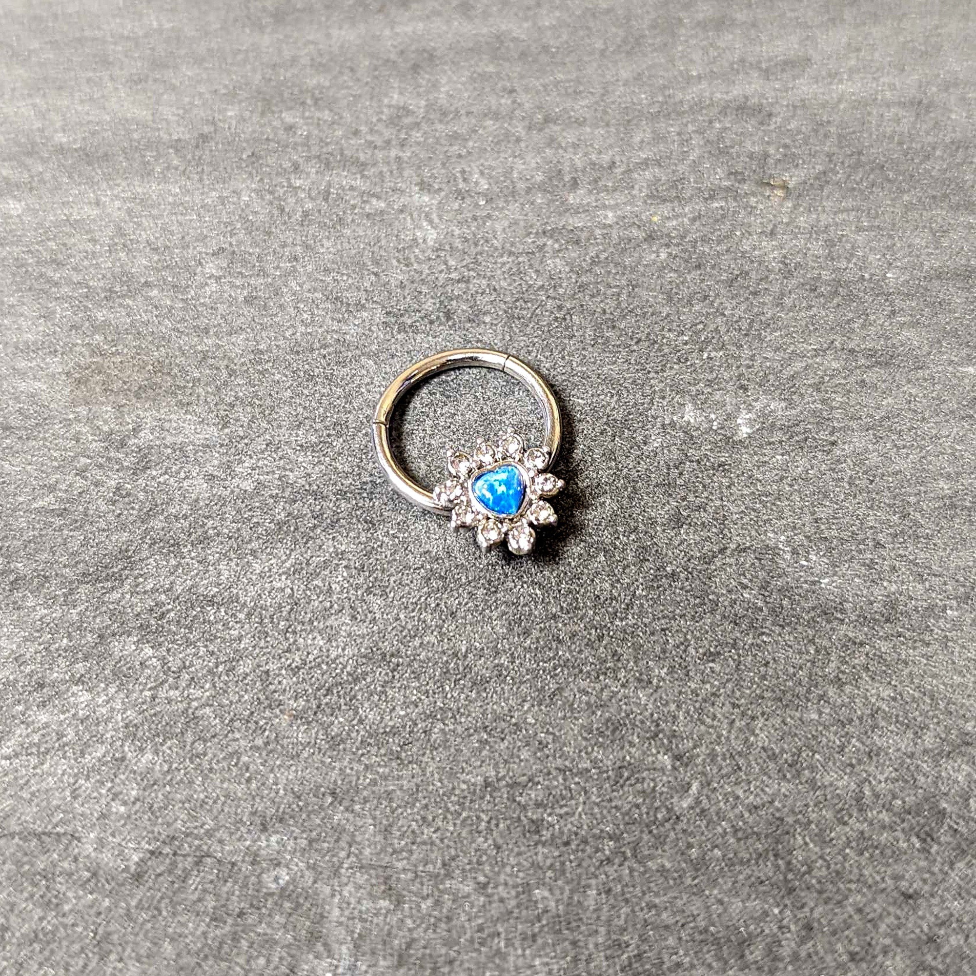 16G 3/8 Blue Faux Opal Heart Sun Hinged Segment Ring