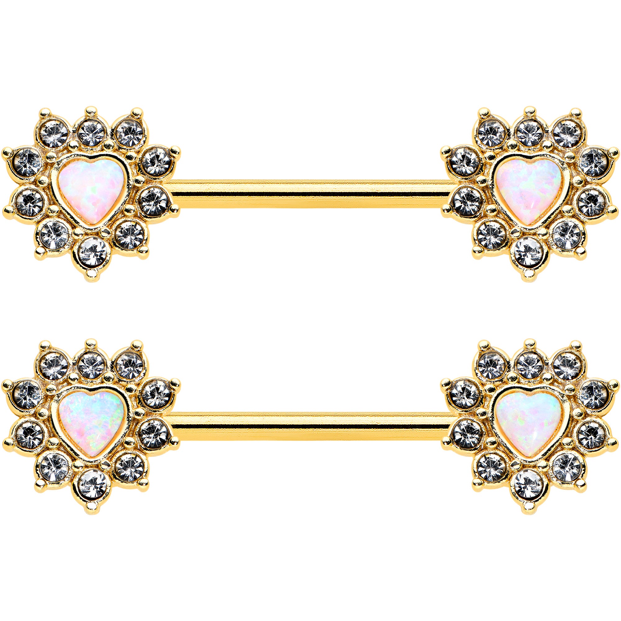14G 9/16 White Synthetic Opal Gold Tone Sun Heart Nipple Ring Set