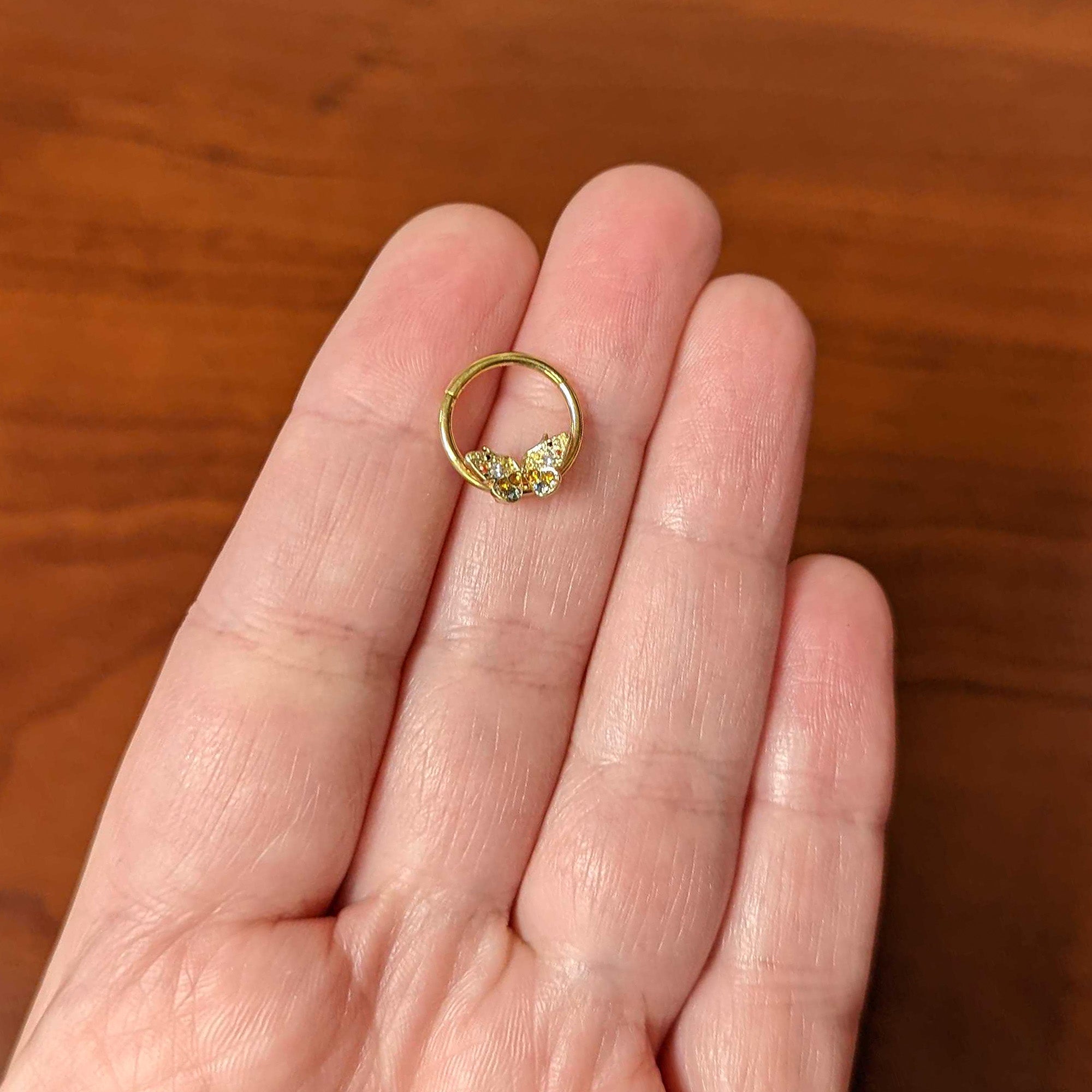 16G 3/8 Orange Gem Gold Hue Baroque Butterfly Hinged Segment Ring