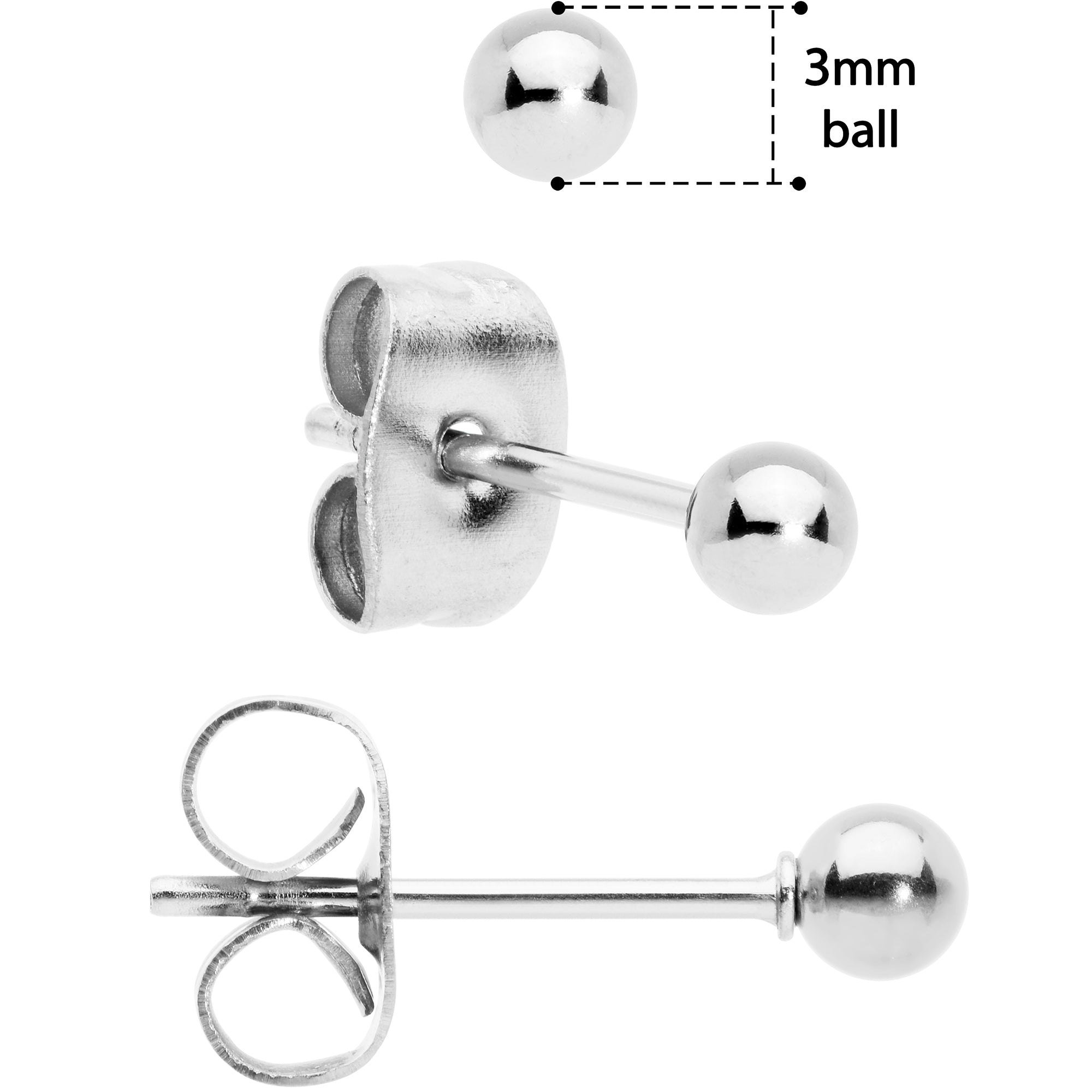 3mm 4mm 5mm Ball 316L Stainless Steel Stud Earrings 3 Pack