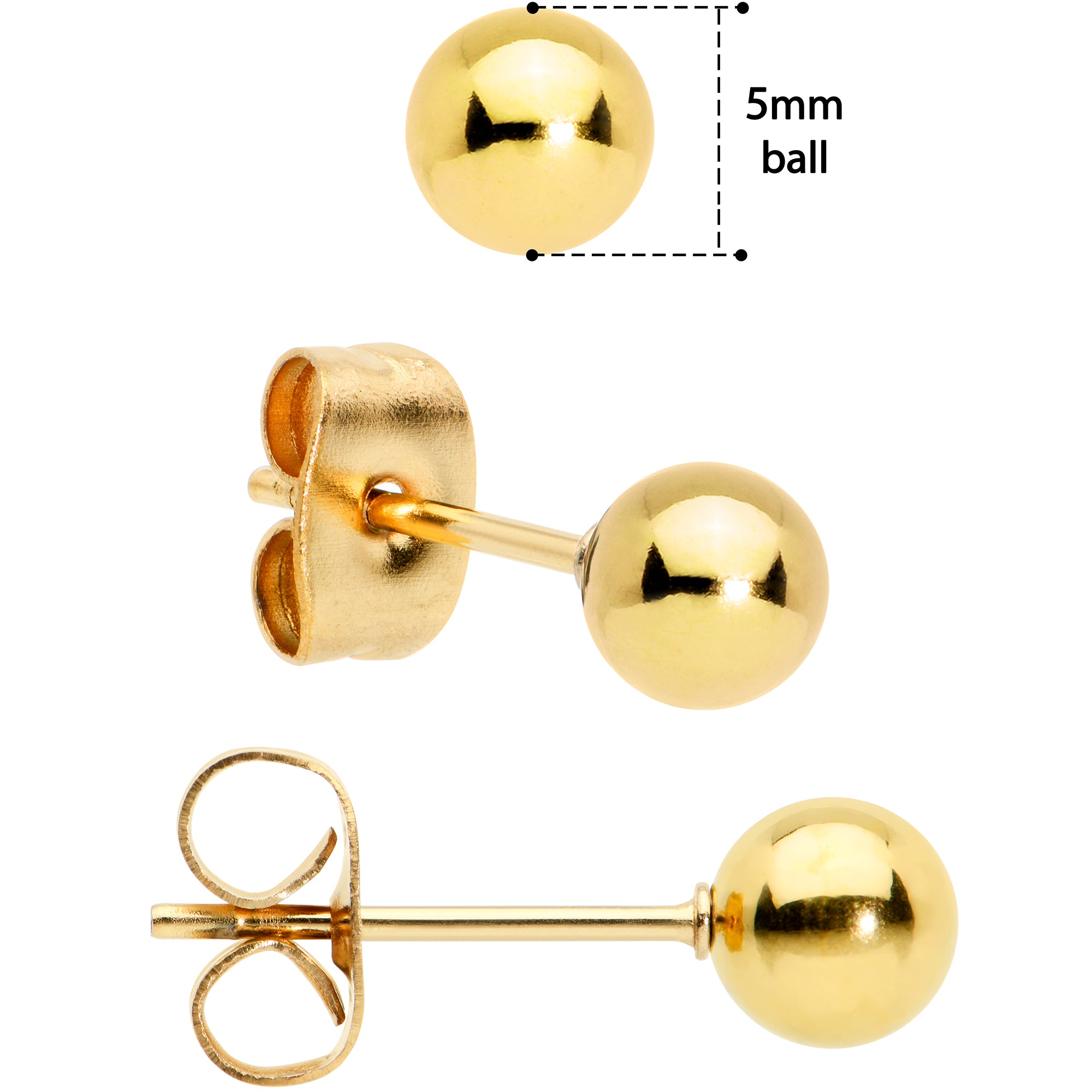 3mm 4mm 5mm Ball Gold Tone 316L Stainless Steel Stud Earrings 3 Pack