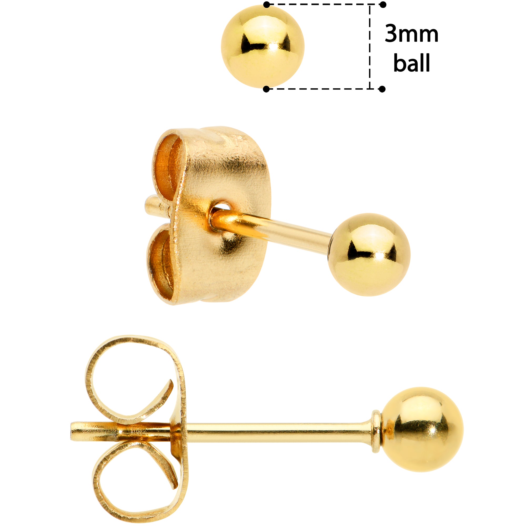 3mm 4mm 5mm Ball Gold Tone 316L Stainless Steel Stud Earrings 3 Pack