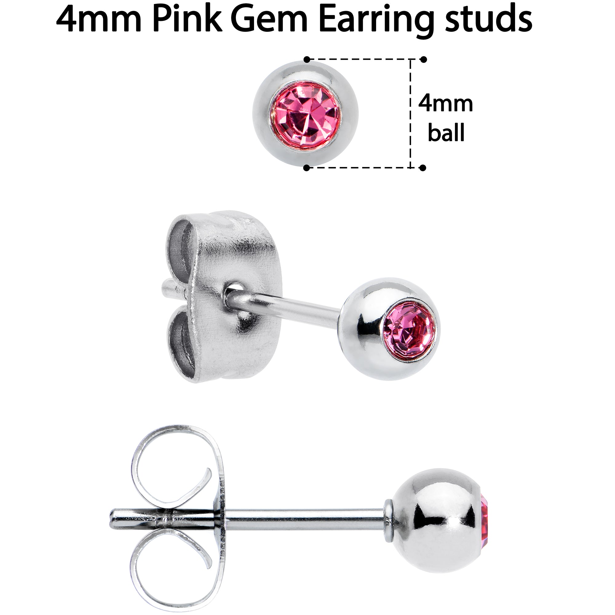 Pink Gem 3mm to 5mm Ball End Stud Earrings Set of 3