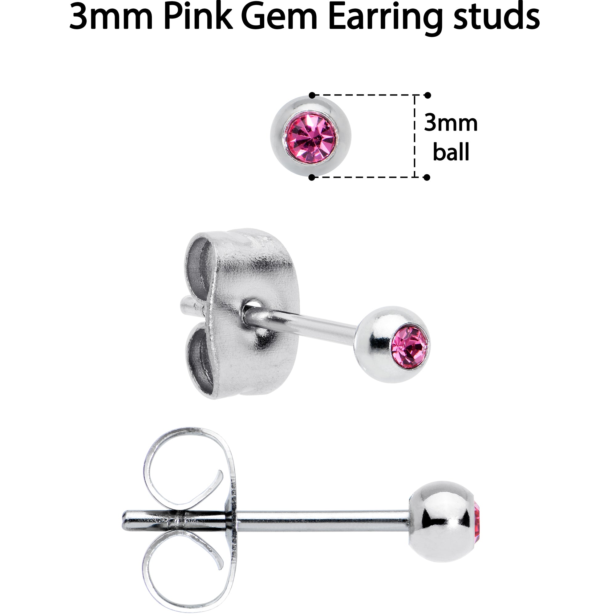 Pink Gem 3mm to 5mm Ball End Stud Earrings Set of 3