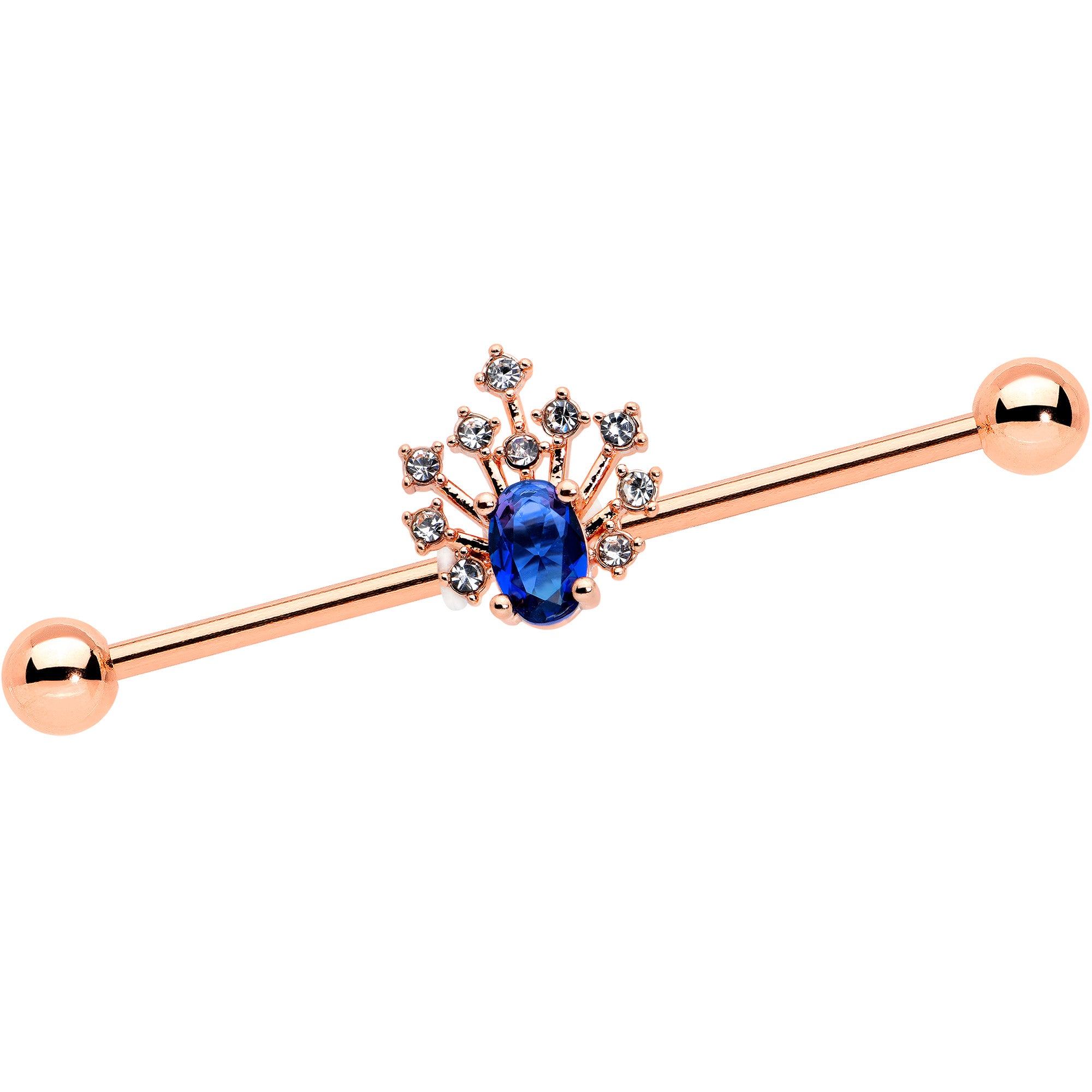 14G Blue Gem Rose Gold Tone Glamour Flare Industrial Barbell 38mm