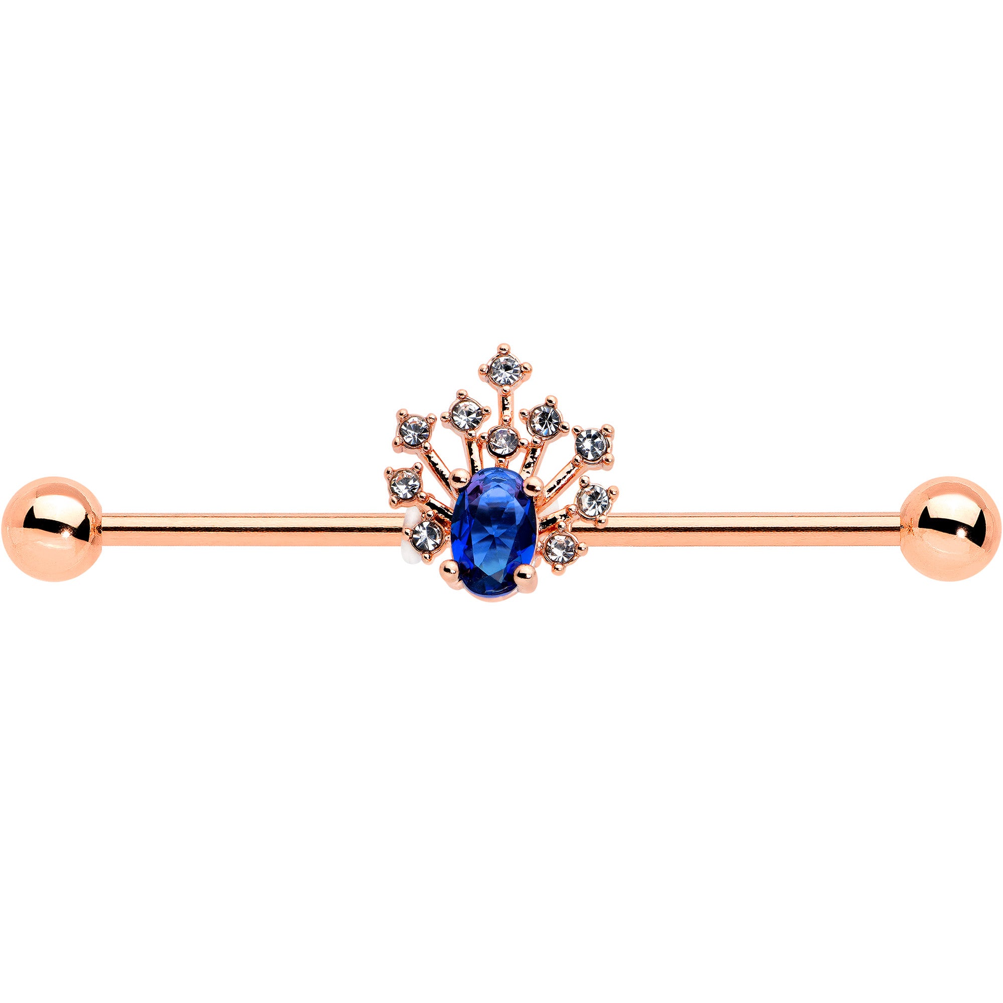 14G Blue Gem Rose Gold Tone Glamour Flare Industrial Barbell 38mm