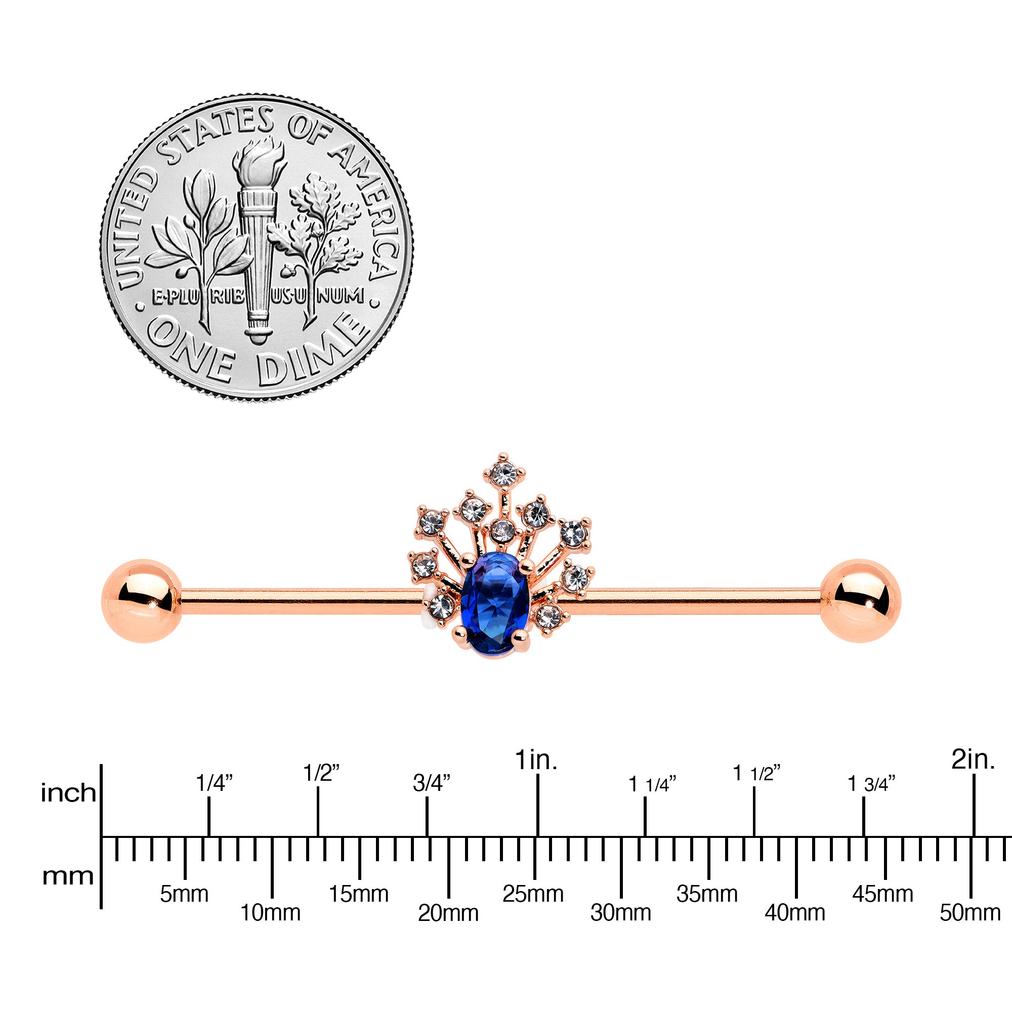 14G Blue Gem Rose Gold Tone Glamour Flare Industrial Barbell 38mm