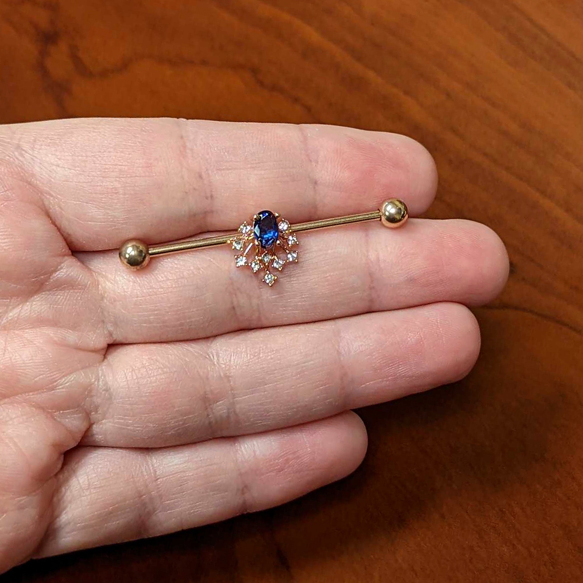 14G Blue Gem Rose Gold Tone Glamour Flare Industrial Barbell 38mm