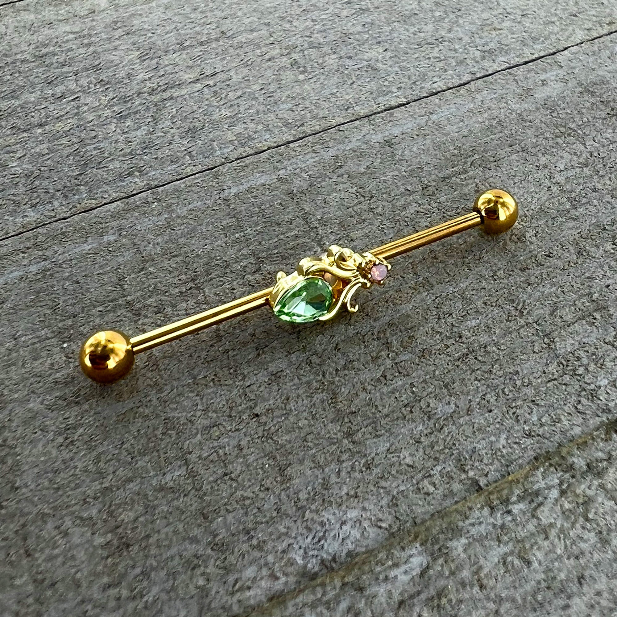 14G Green Gem Gold Tone Shades of Spring Industrial Barbell 38mm
