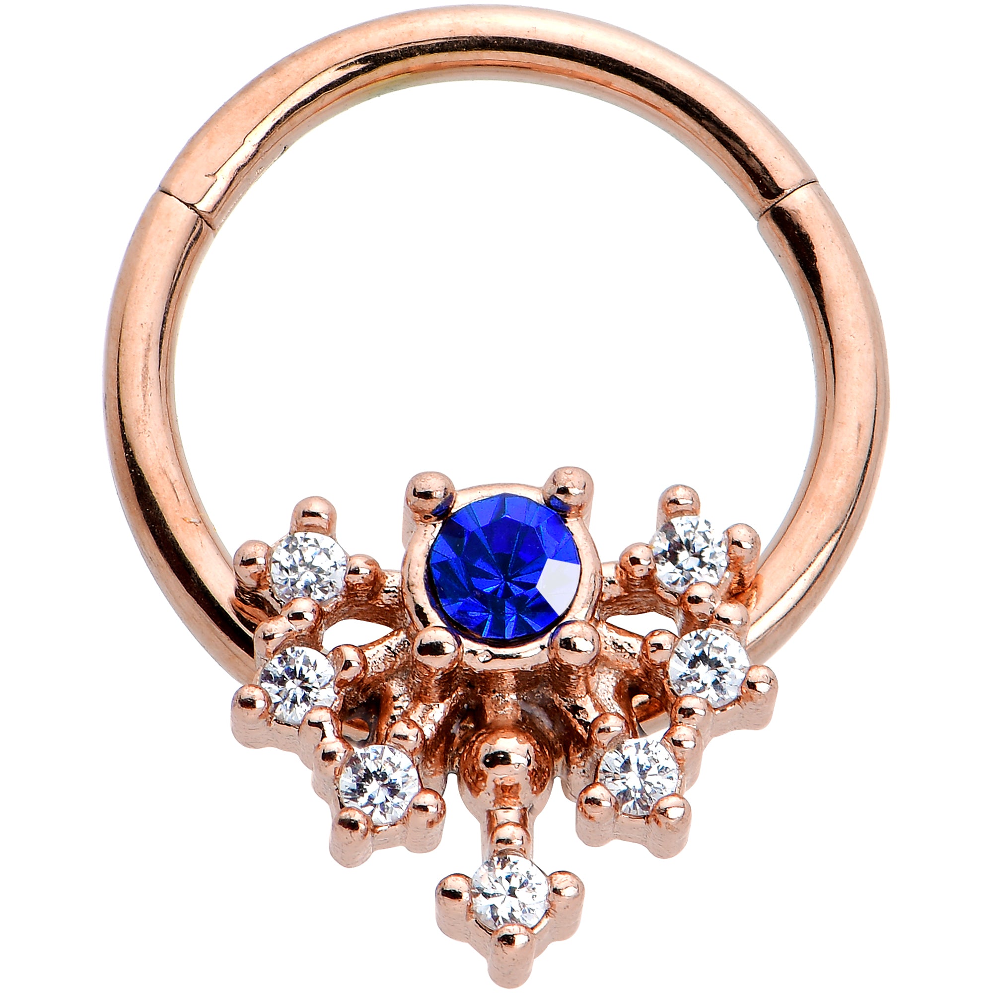 16G 3/8 Blue Gem Rose Gold Tone Glamour Flare Hinged Segment Ring