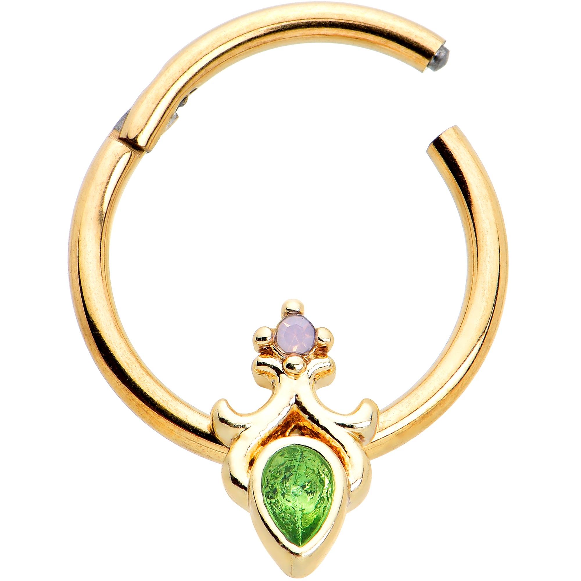 16G 3/8 Green Gem Gold Tone Shades of Spring Hinged Segment Ring