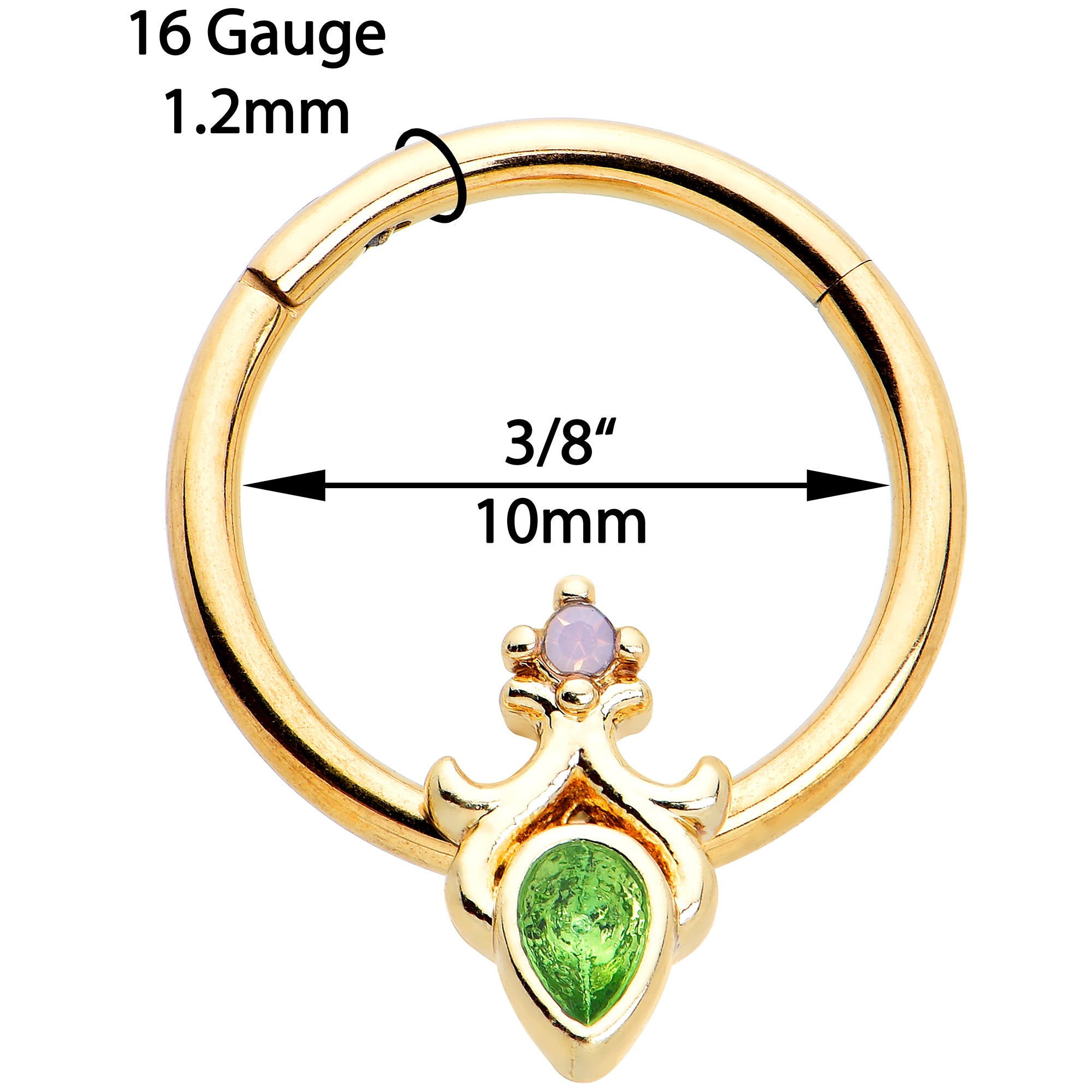 16G 3/8 Green Gem Gold Tone Shades of Spring Hinged Segment Ring